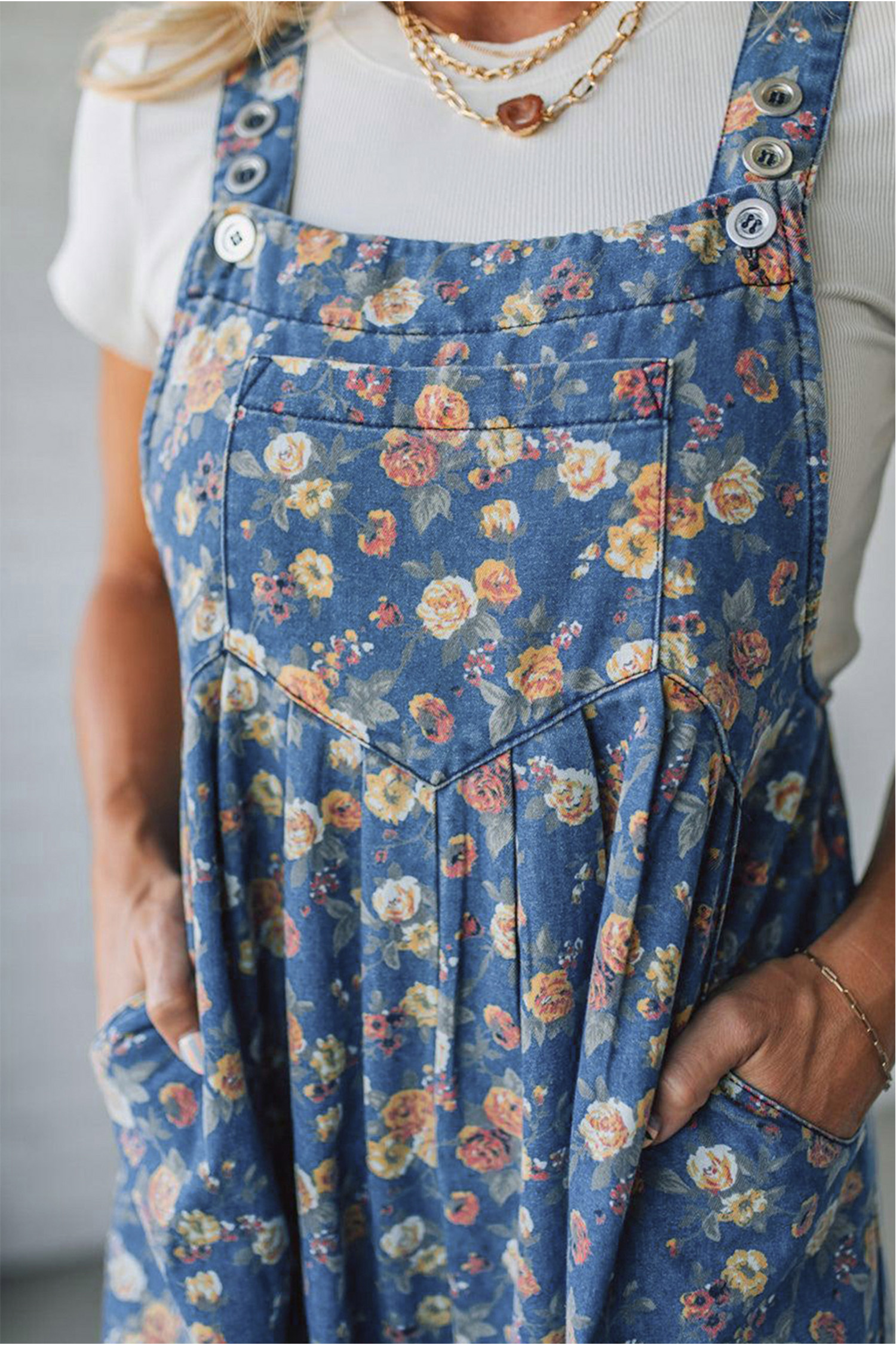 Blue Vintage Rose Printed Pleated Loose Denim Overall Jumpsuit - Image 7