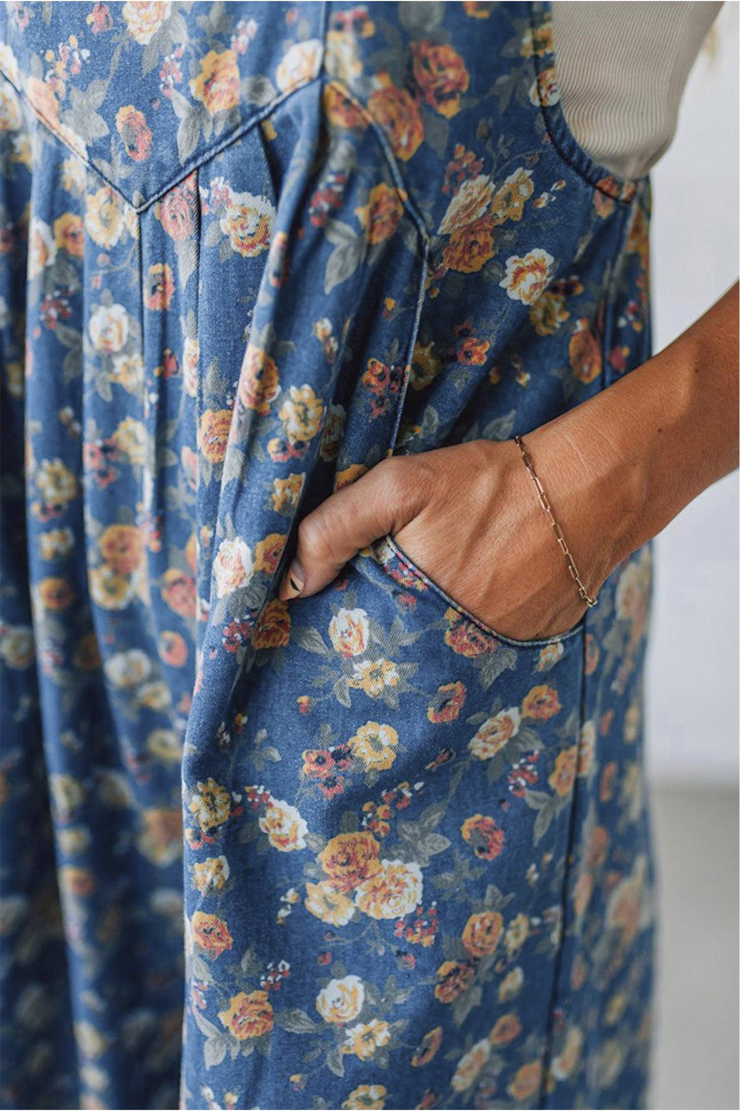 Blue Vintage Rose Printed Pleated Loose Denim Overall Jumpsuit - Image 8