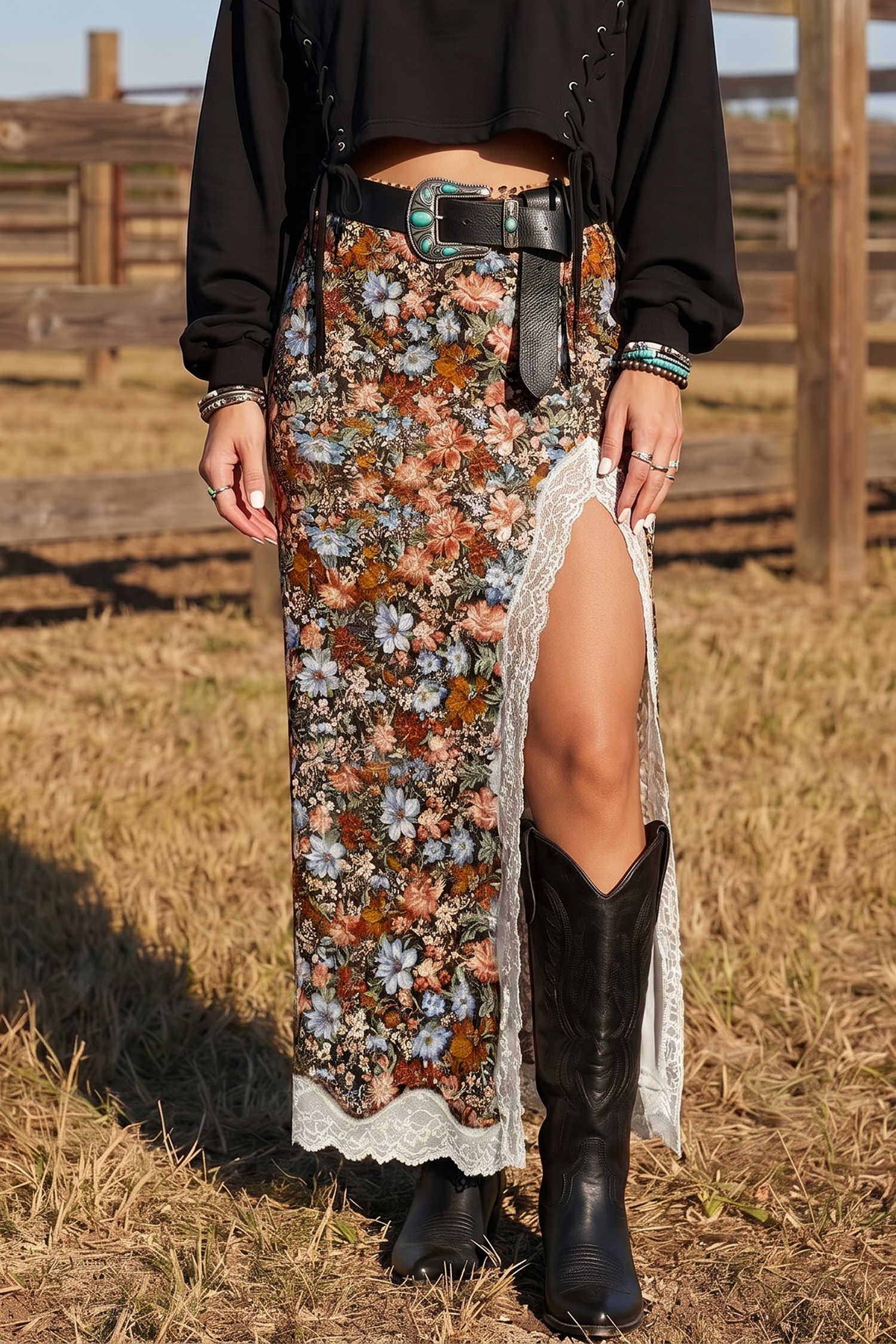 Brown Cheetah Print Trim Split Long Western Skirt - Image 12