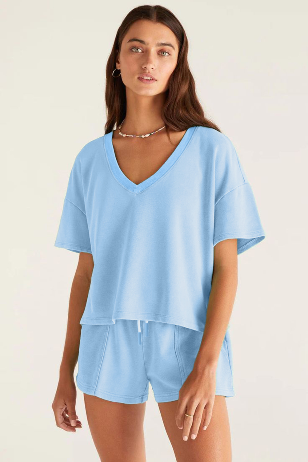 Bonbon V Neck Drop Shoulder Tee and Patchwork Drawstring Elastic Waistband Shorts Set - Imagen 9