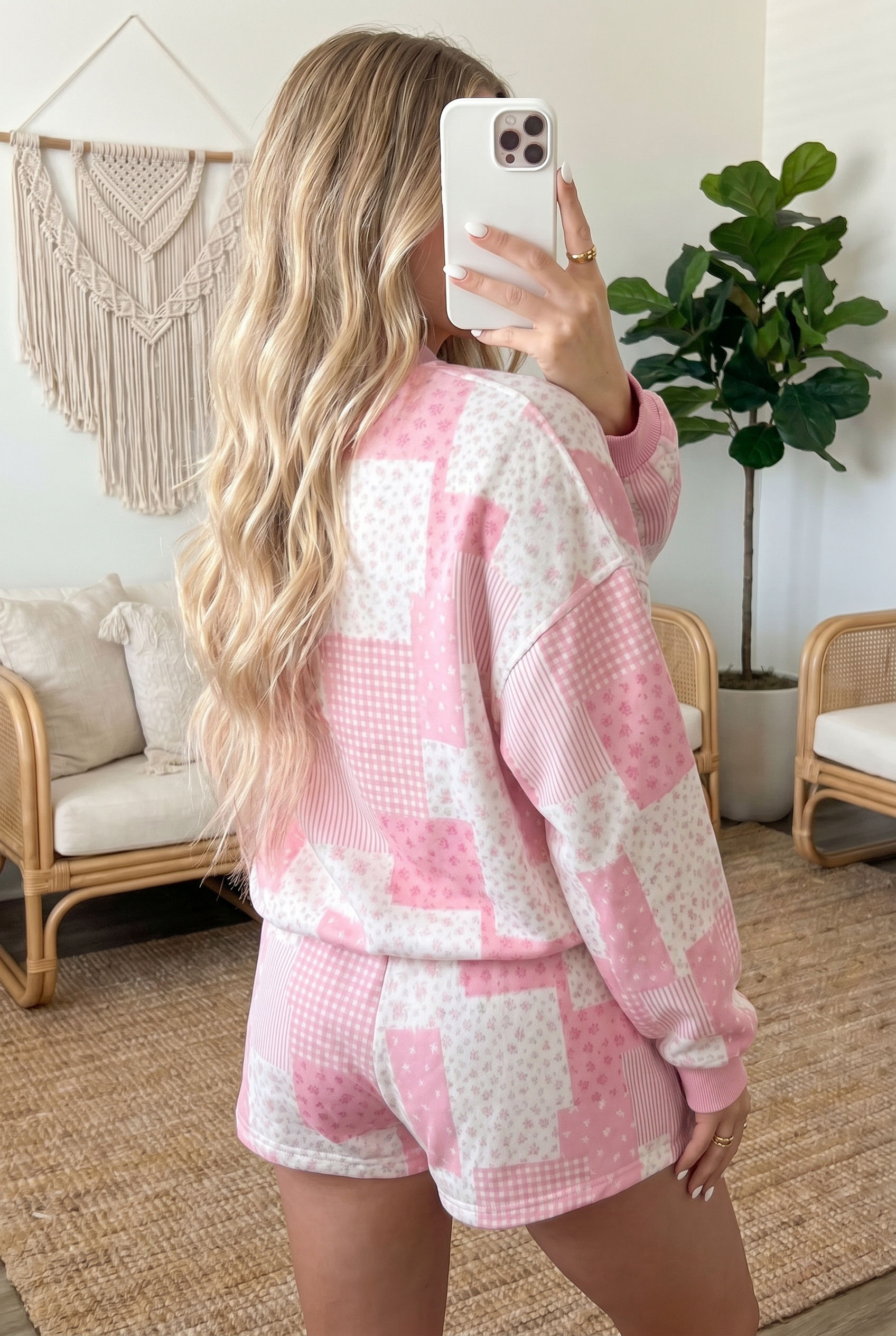 Sky Blue Patchwork Floral Print Drop Shoulder Baggy Pullover Drawstring Shorts Set - Image 5