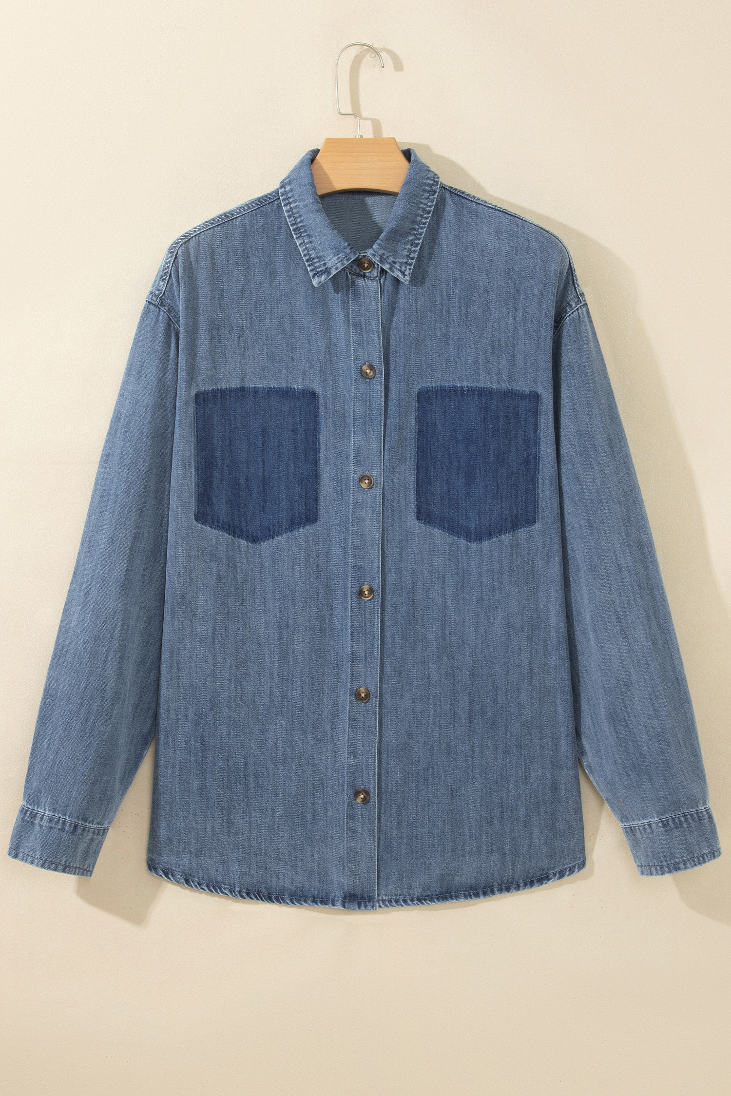 Sky Blue Color Block Pocket Detail Casual Button Down Denim Shirt - Image 6