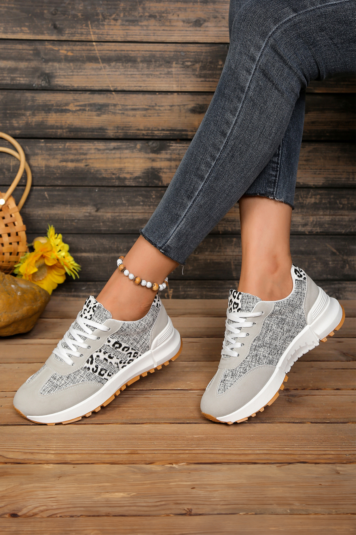 White Mix Texture Patchwork Leopard Detail Lace Up Sneakers - Imagen 5