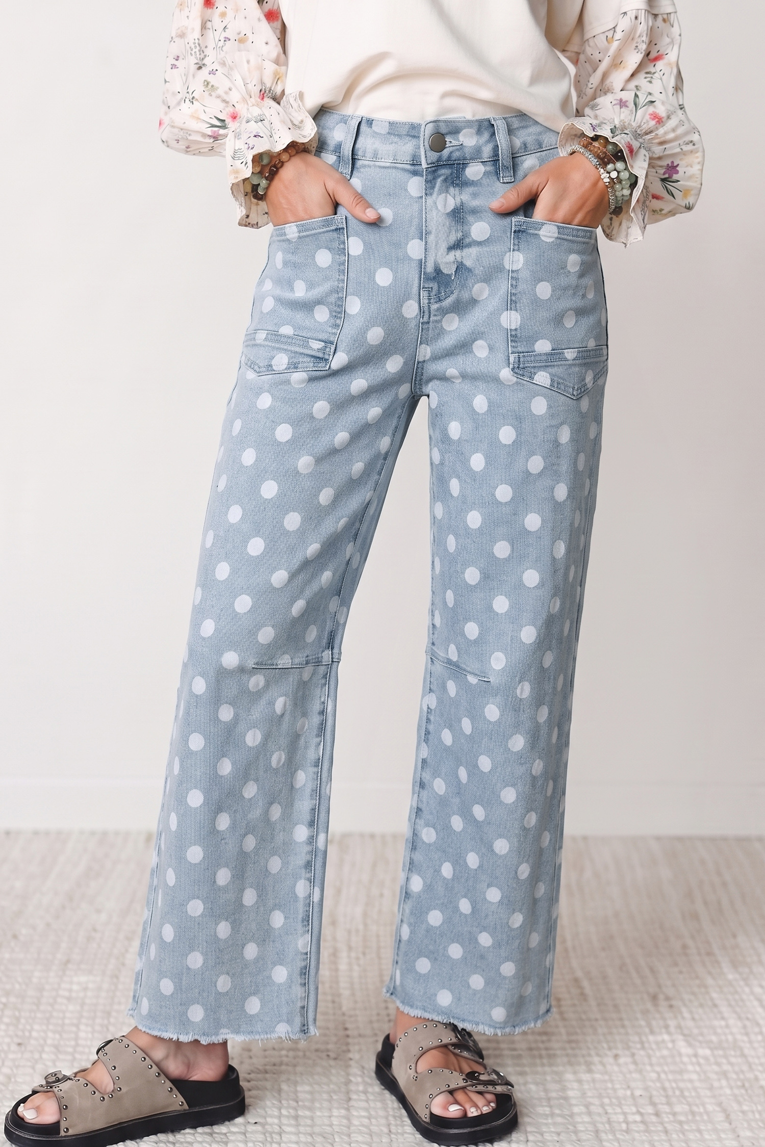 Sky Blue Polka Dot Casual Slim Fit Jeans - Image 3