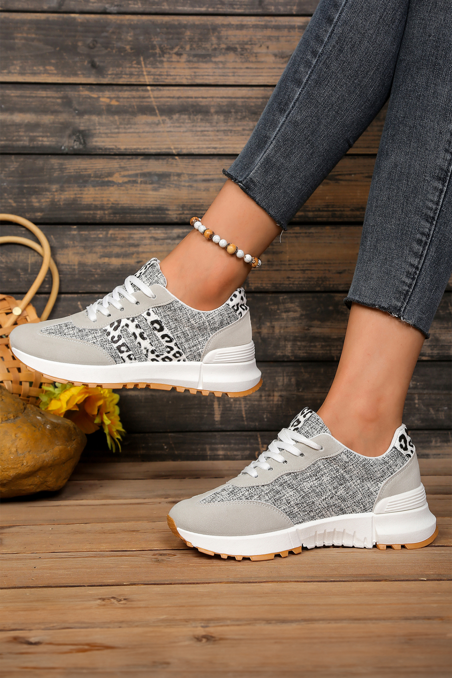 White Mix Texture Patchwork Leopard Detail Lace Up Sneakers - Imagen 4