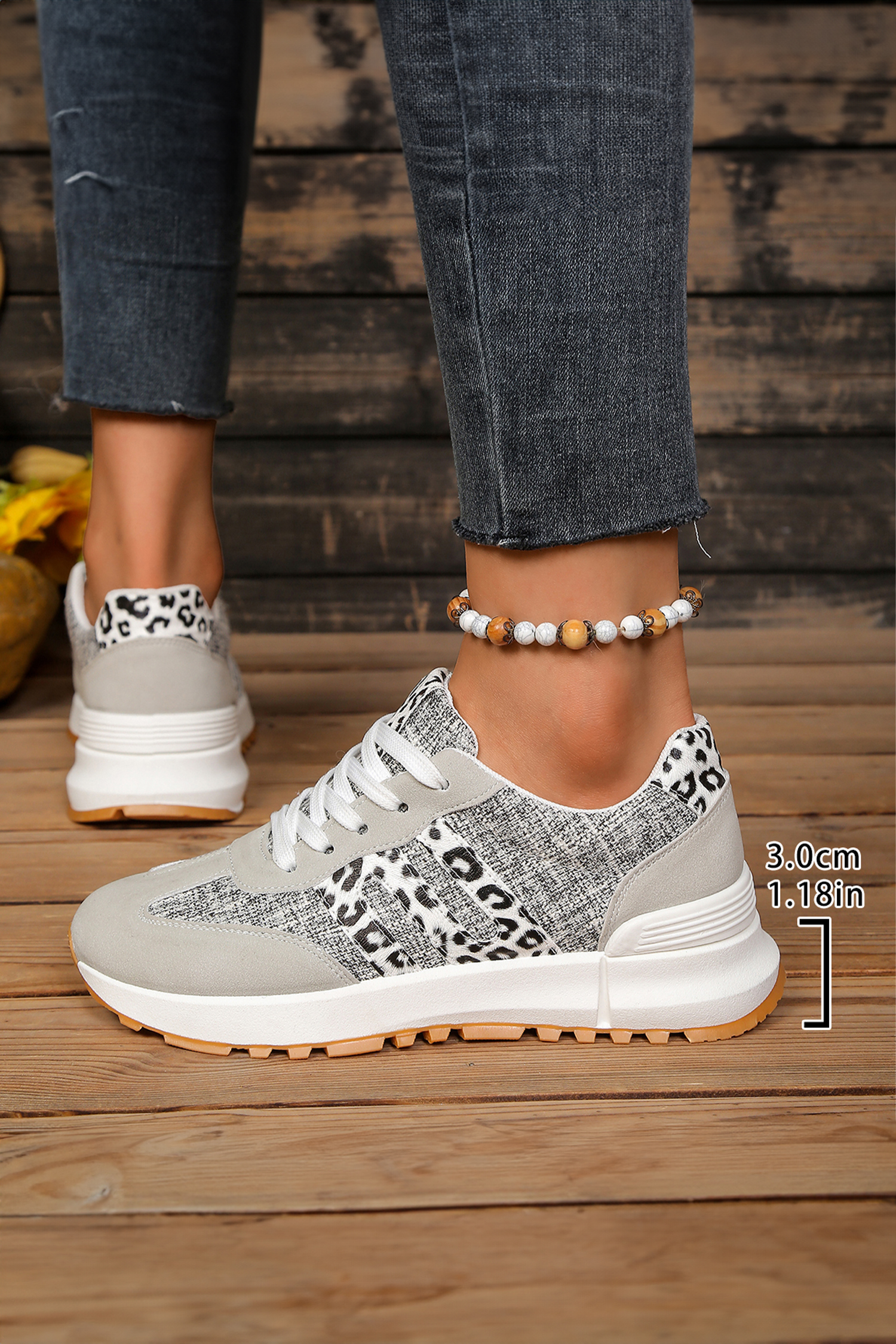 White Mix Texture Patchwork Leopard Detail Lace Up Sneakers - Imagen 7