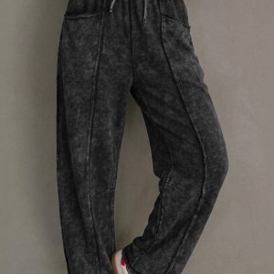 Black Mineral Wash Raw Seam Drawstring Elastic Waist Barrel Pants