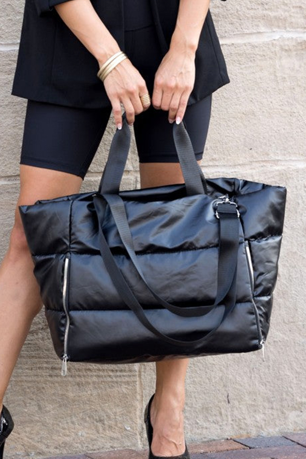 Black Solid Zipper Puffer Large Tote Bag - Image 3