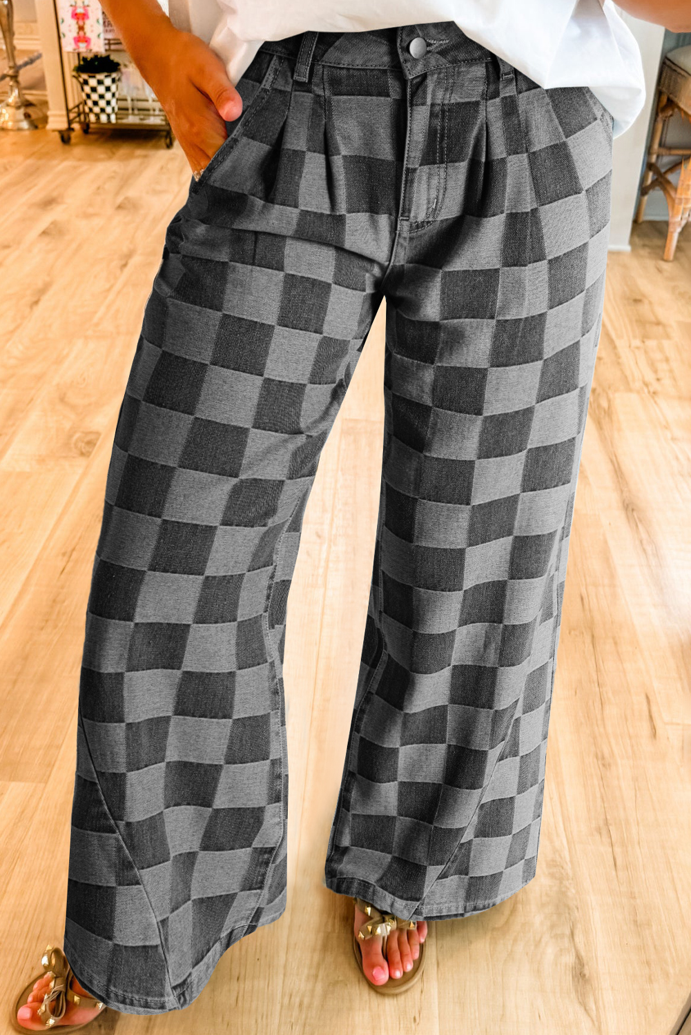 Dusk Blue Checkered Denim Wide Leg Jeans - Image 4