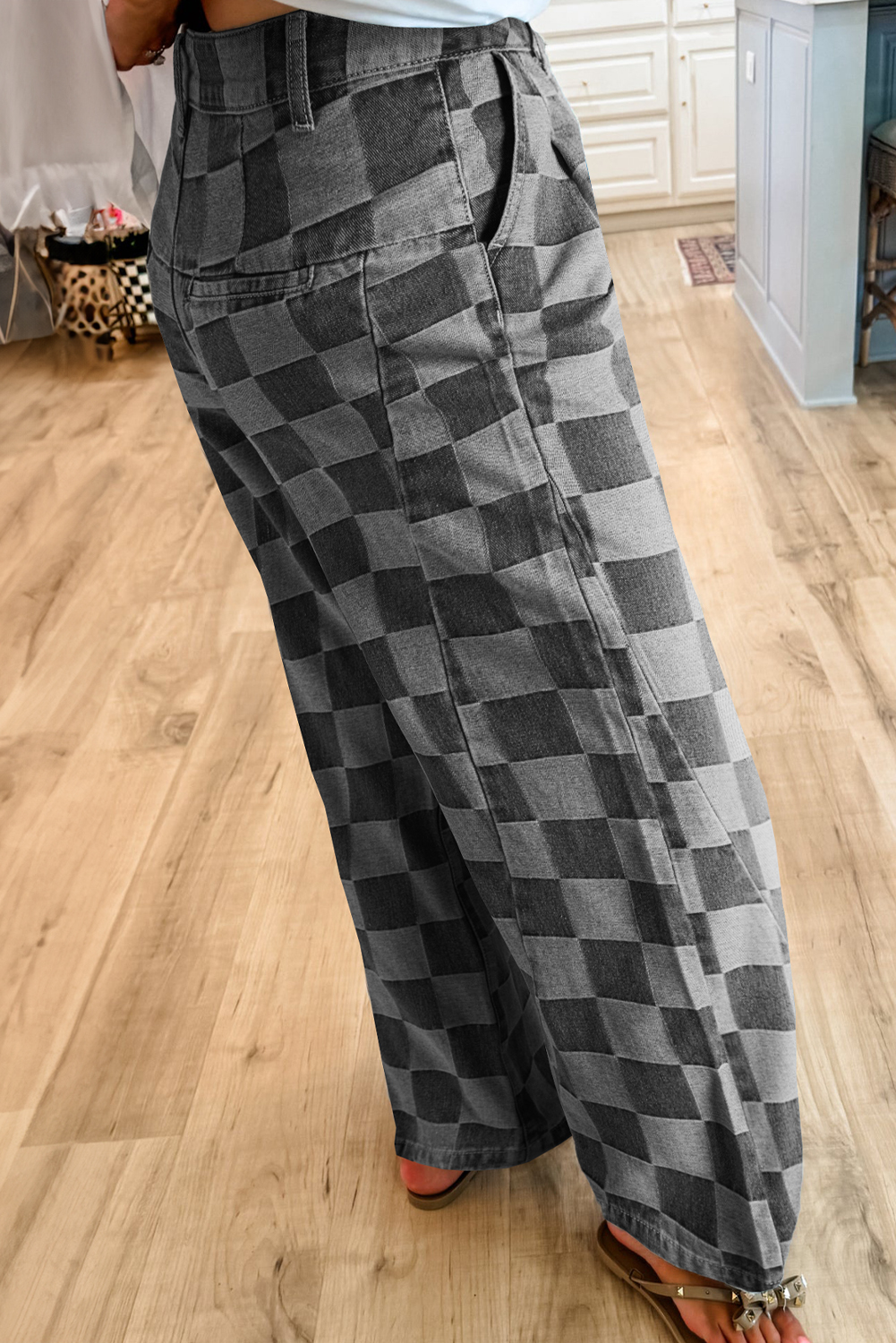 Dusk Blue Checkered Denim Wide Leg Jeans - Image 5