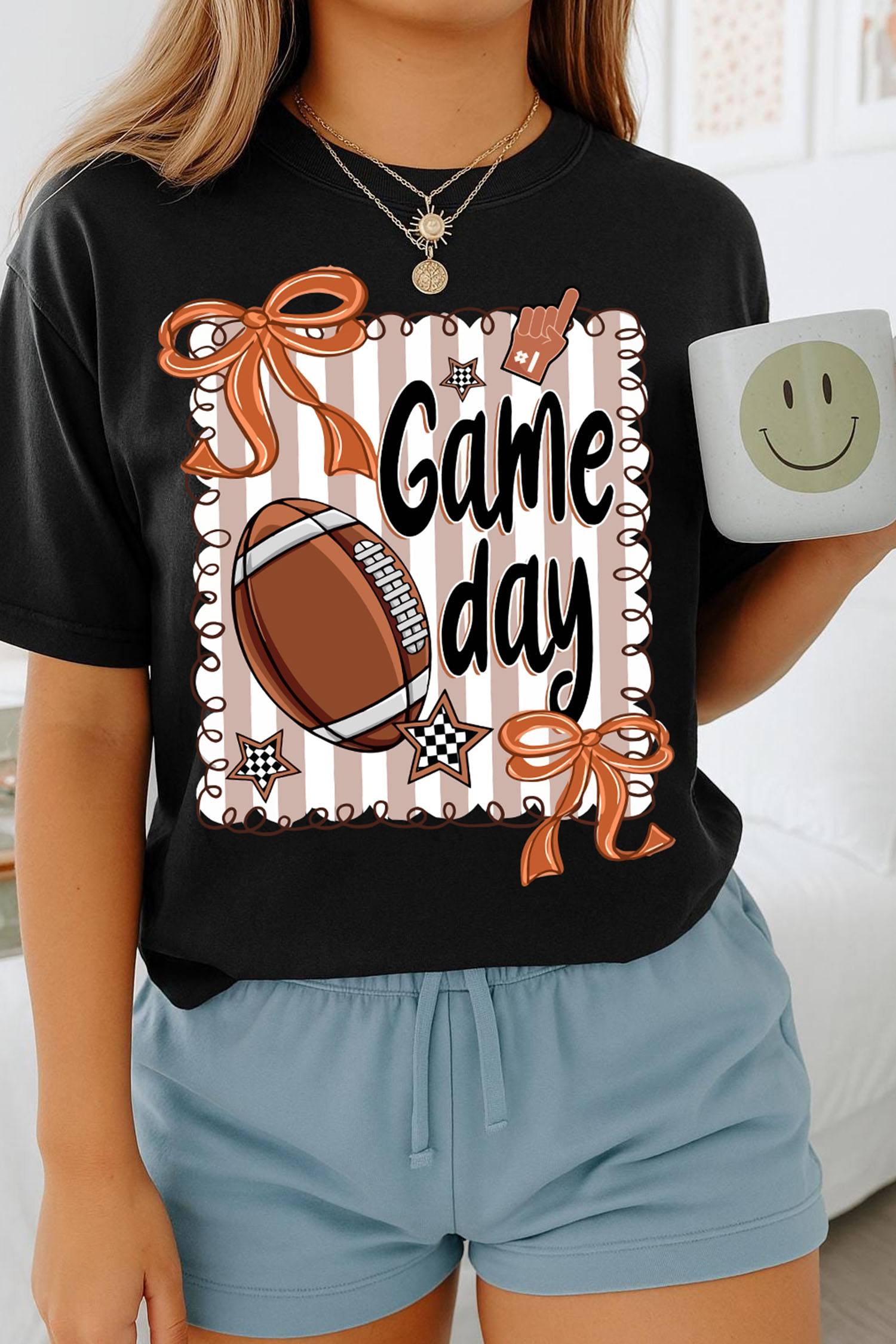 Black Casual Game Day Football Striped Tee - Imagen 3