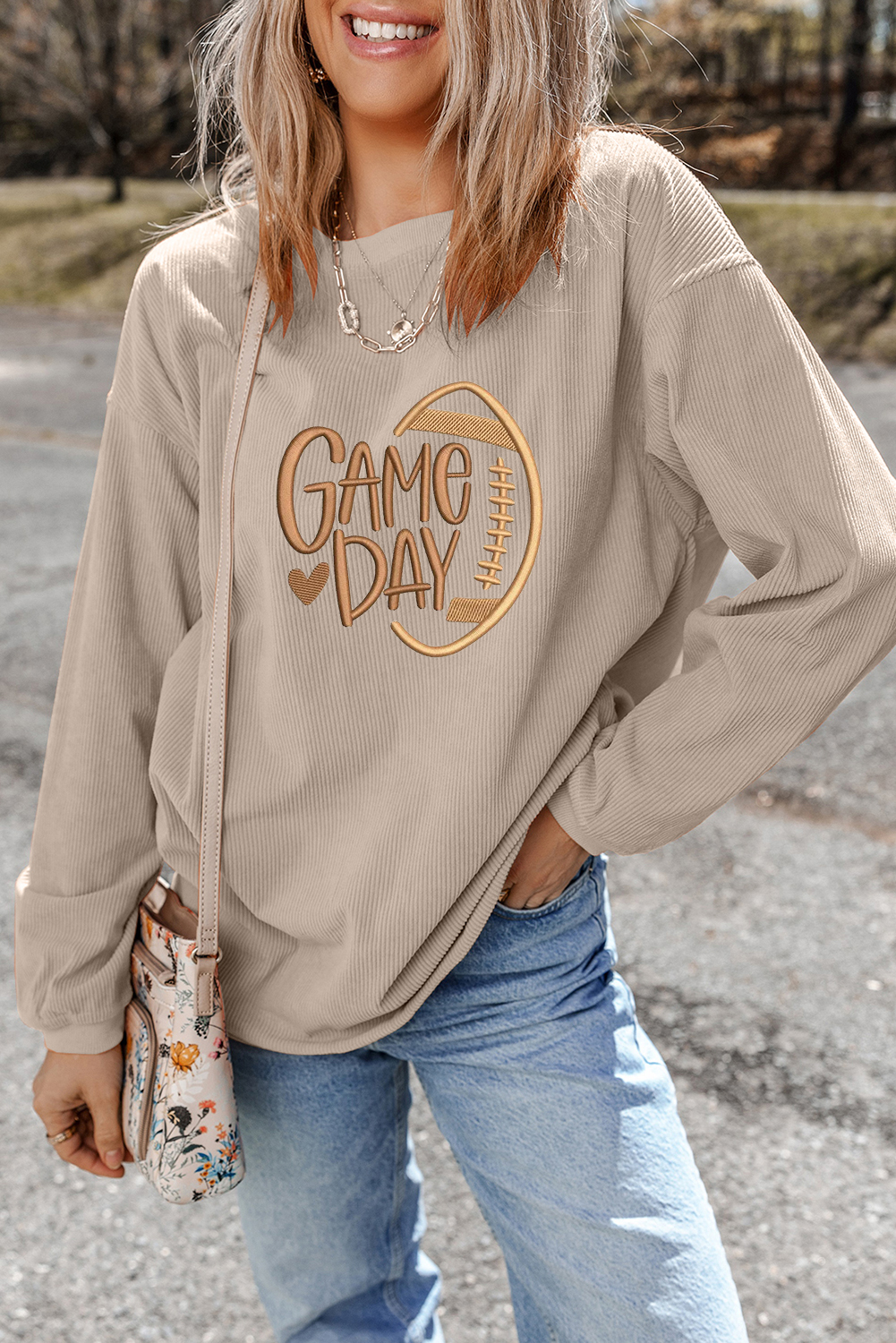 Smoke Gray Twisted Rib Texture game day Rugby Embroidered Baggy Sweatshirt - Image 4