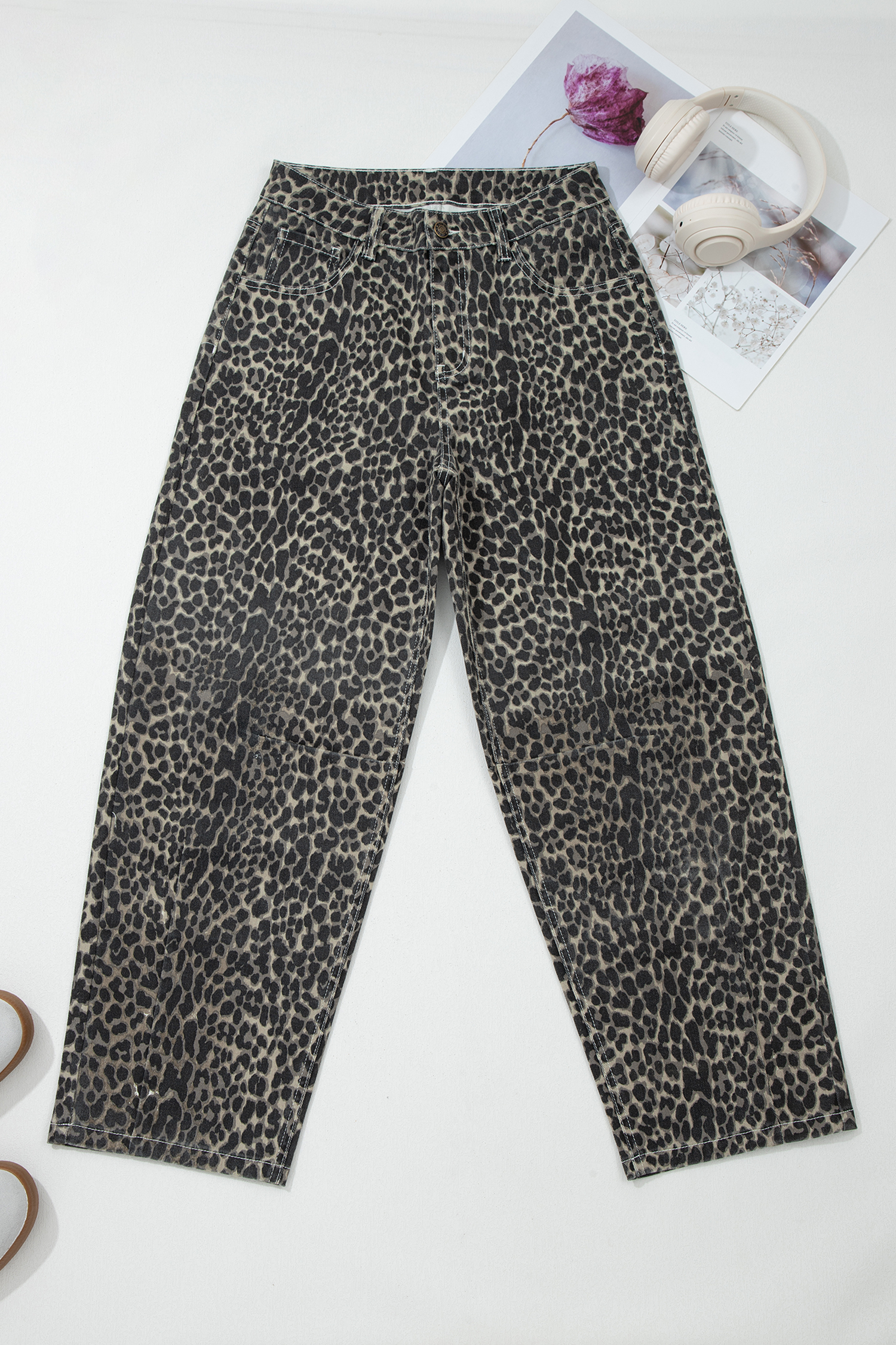 Black Leopard Print High Waist Barrel Jeans - Image 6