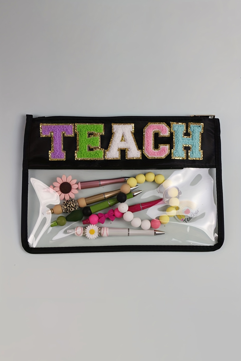 Black TEACH Glitter Chenille Clear PVC Makeup Bag - Image 6