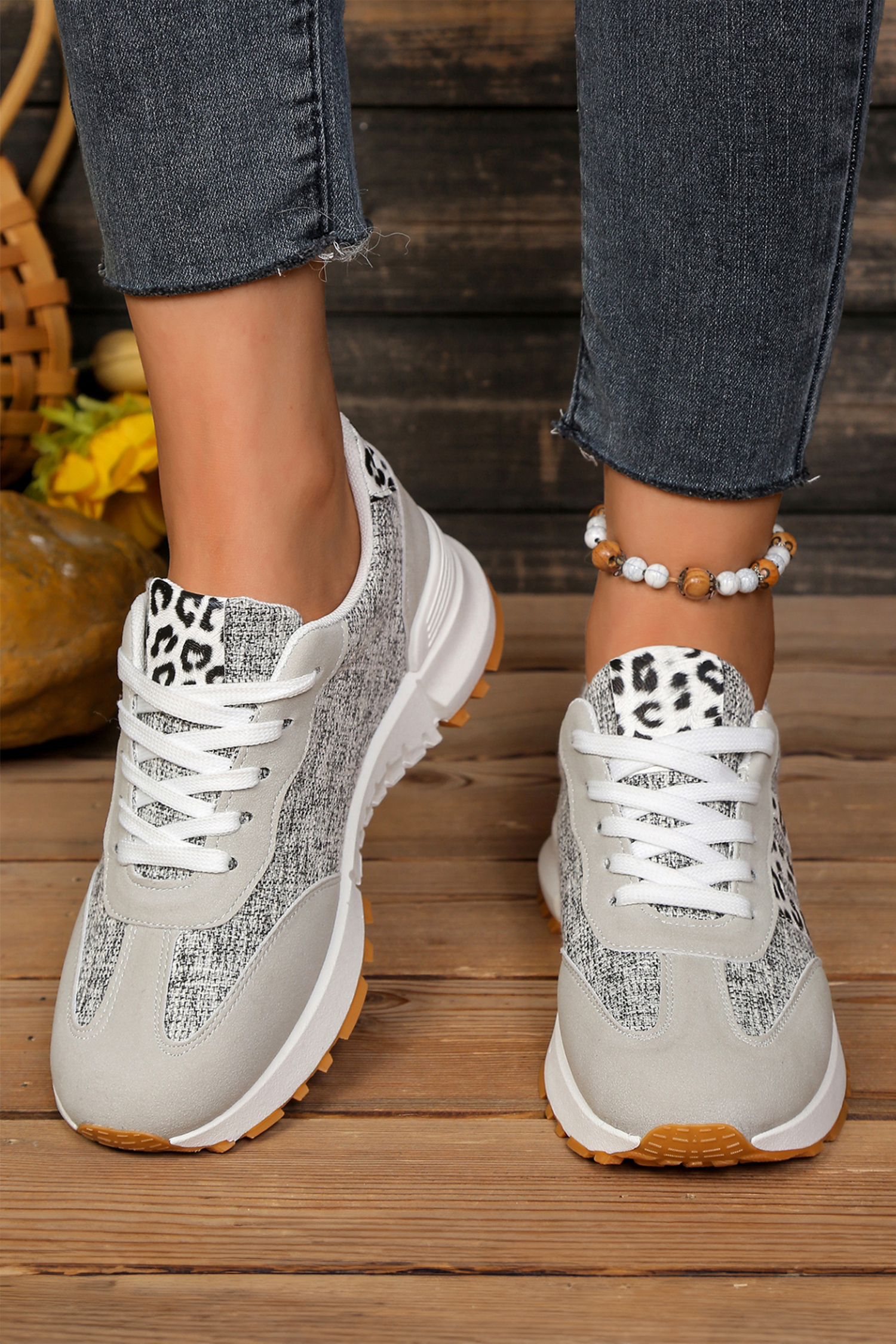 White Mix Texture Patchwork Leopard Detail Lace Up Sneakers - Imagen 2