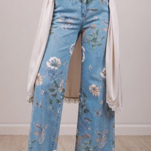 Sky Blue Retro Floral Print Frayed Hem Shift Jeans