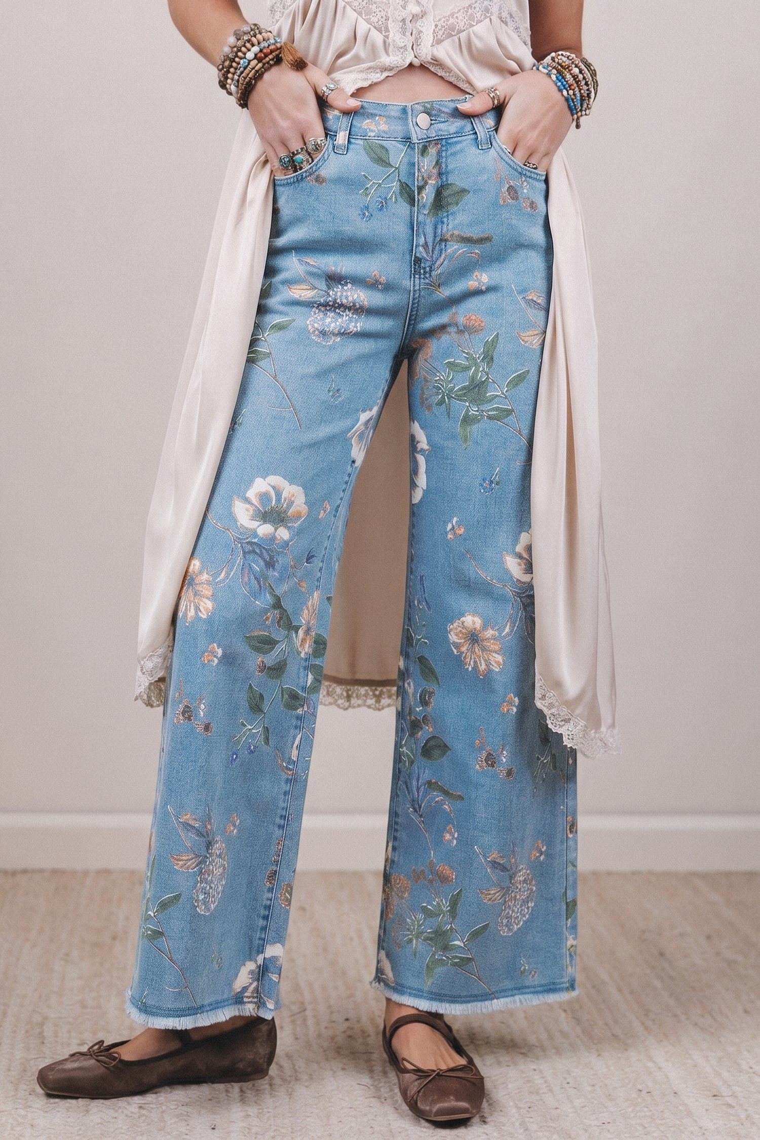 Sky Blue Retro Floral Print Frayed Hem Shift Jeans
