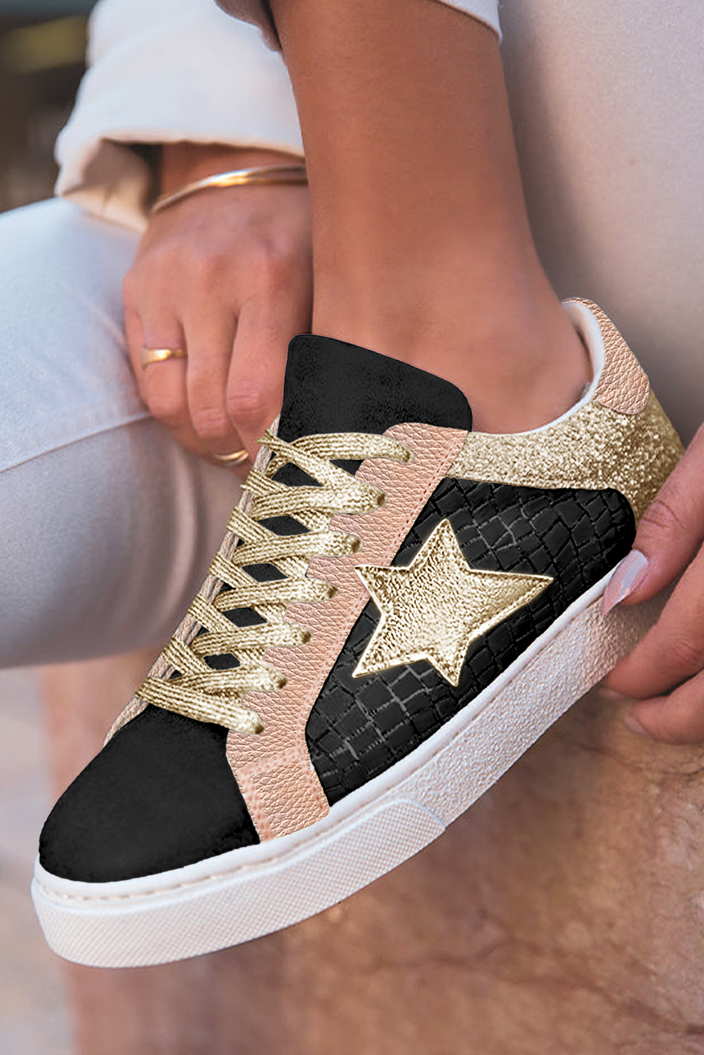 Dearlove Gold Glitter Star Patchwork PU Leather Lace-up Sneakers - Image 4
