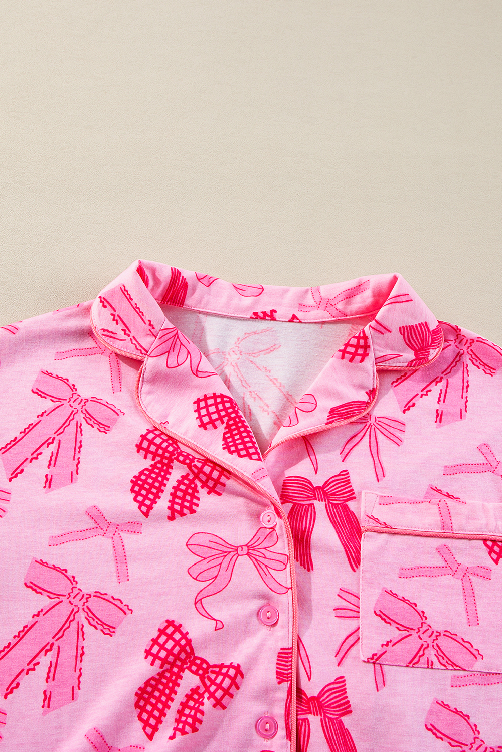 Pink Bow Knot Print Lapel Collar Short Sleeve and Pants Pajamas Set - Image 7