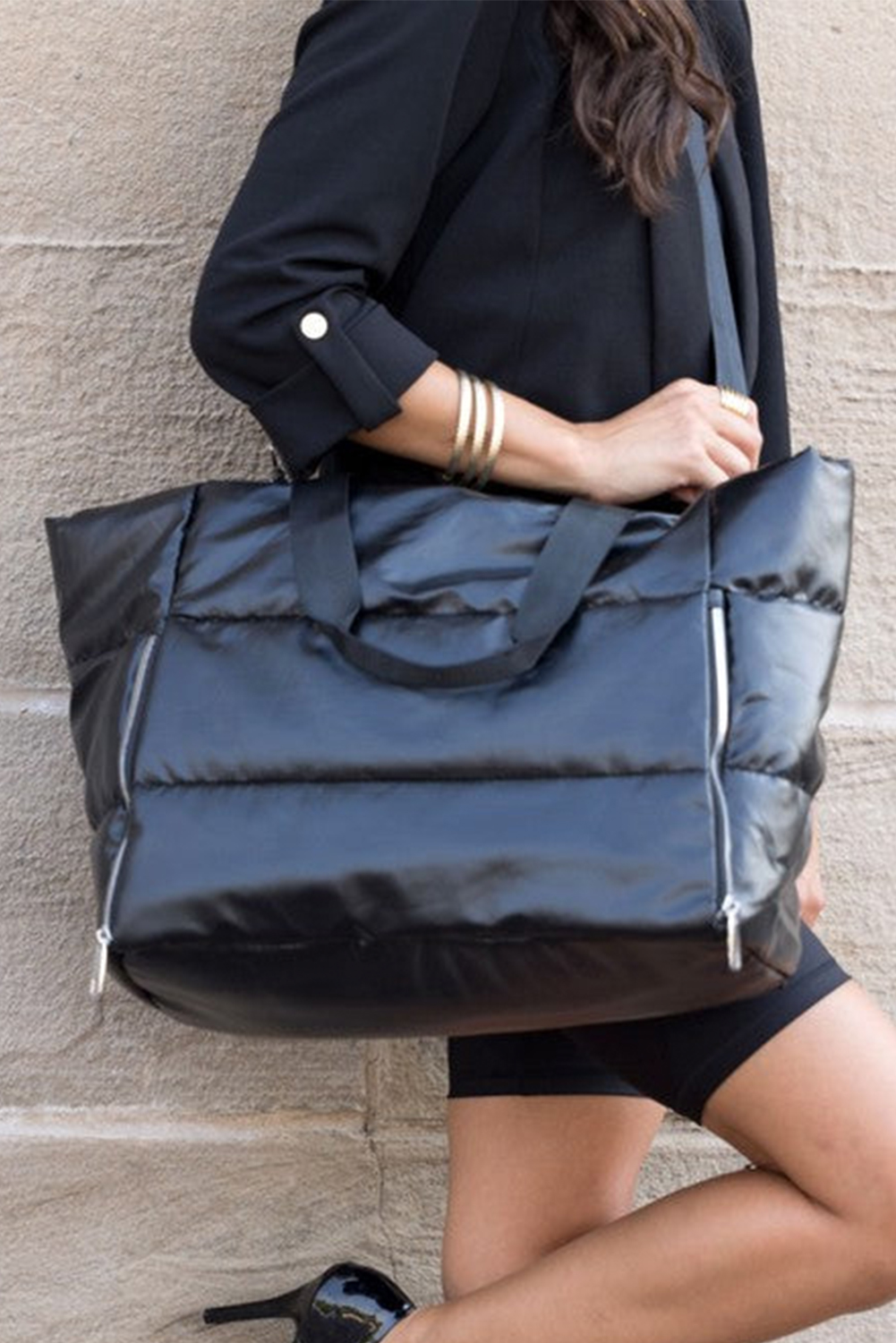 Black Solid Zipper Puffer Large Tote Bag - Image 4