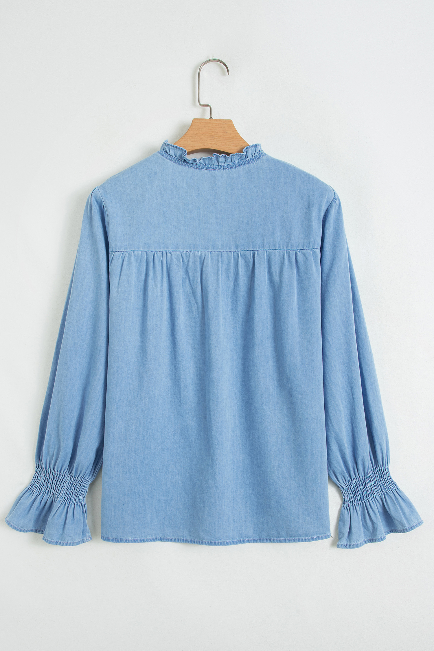 Beau Blue Western Ruffle V Neck Long Sleeve Chambray Blouse - Image 8