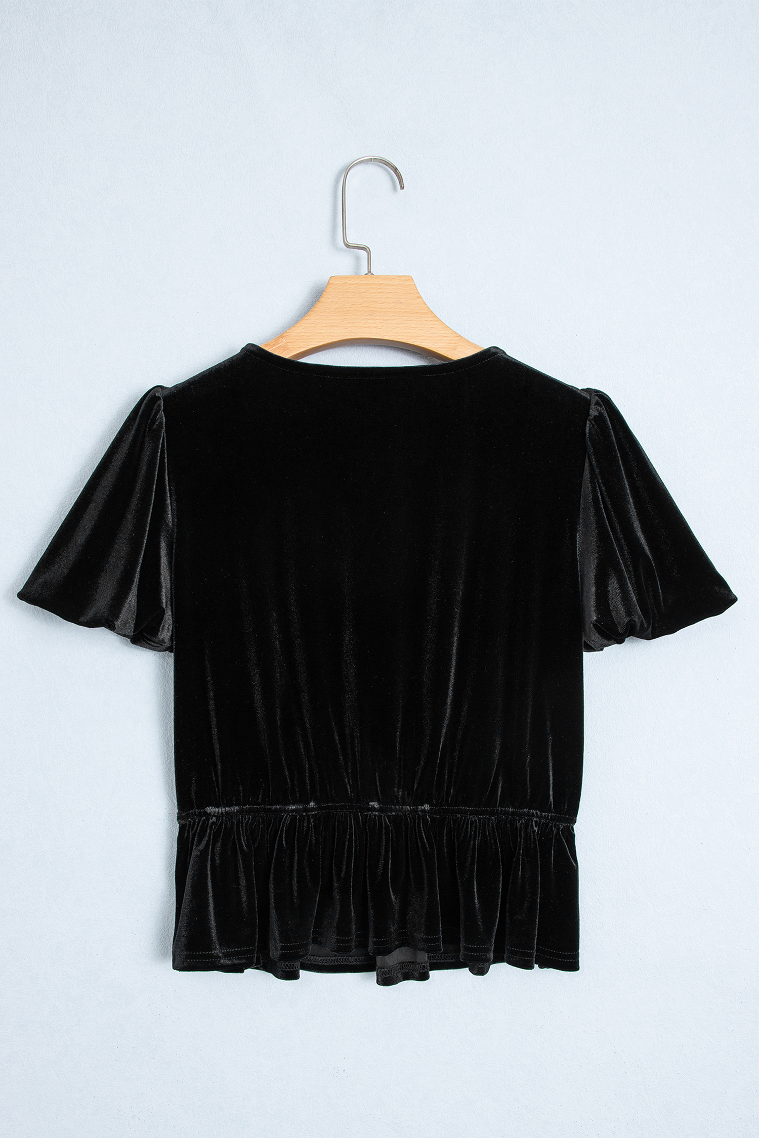 Black V Neck Bow Decoration Peplum Hem Shift Silhouette Short Sleeve Blouse - Image 5