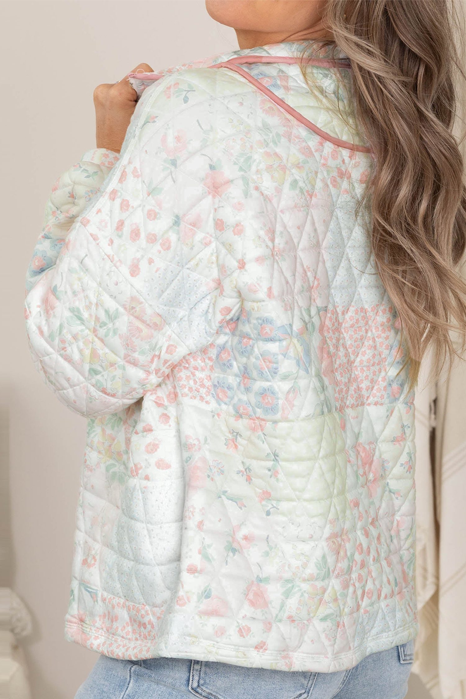 Multicolour Floral Quilted Metal Zipper Collar Long Sleeve Sweatshirt - Image 2