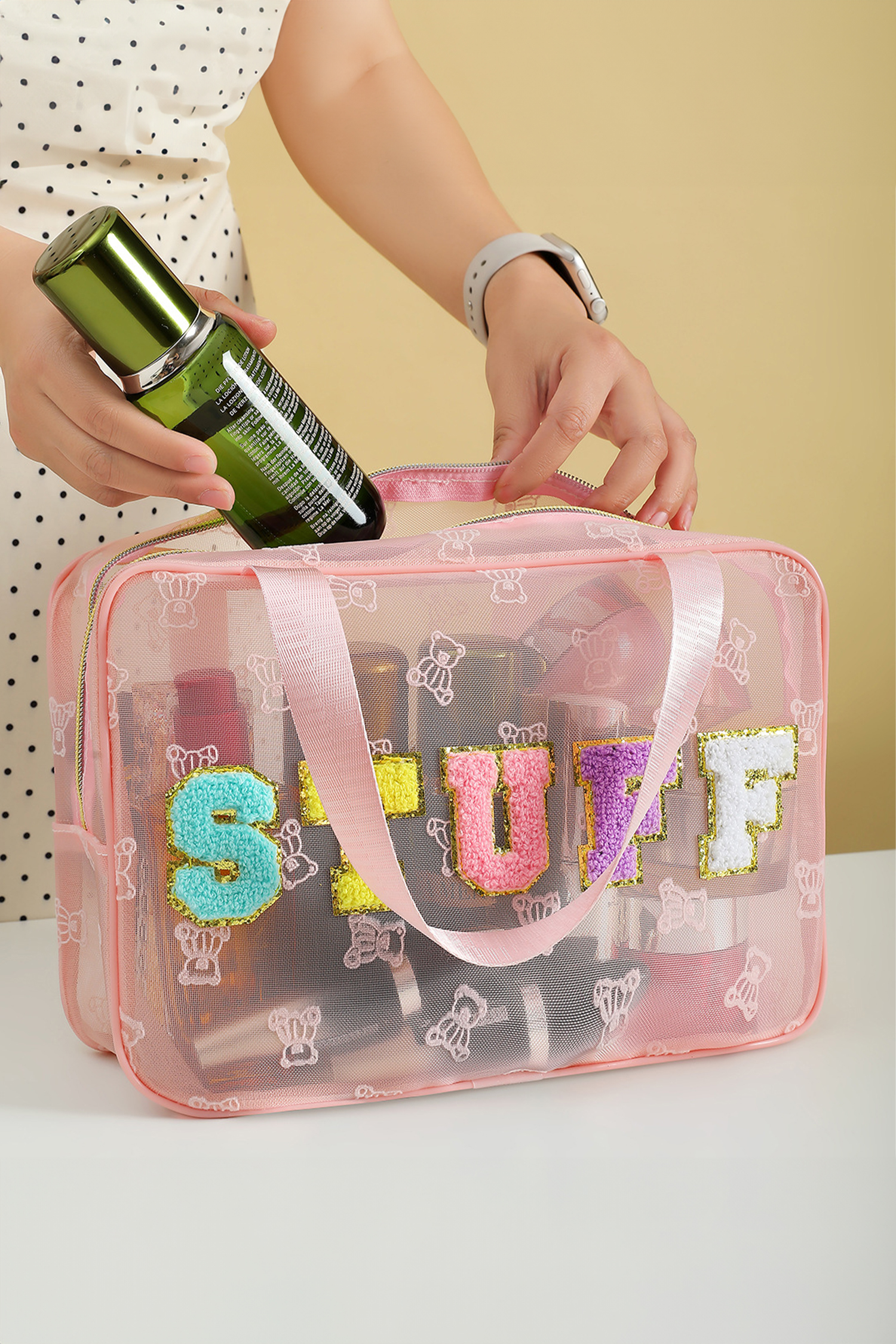 Color black STUFF Chenille Letter Patched Teddy Bear Mesh Lightweight Makeup Bag - Image 6