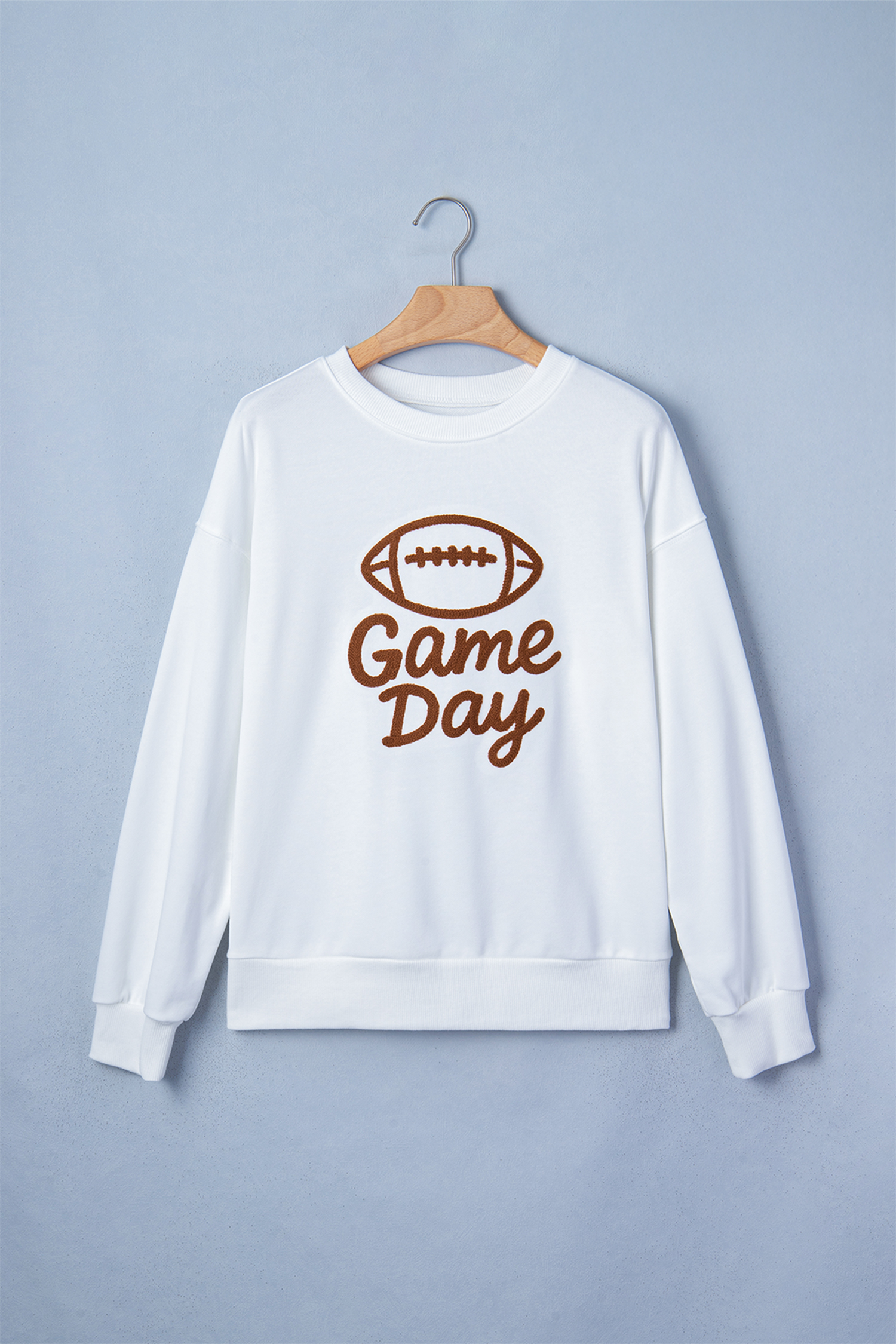 White Embroidered Slogan Game Day Rugby Pattern Crewneck Sweatshirt - Imagen 6
