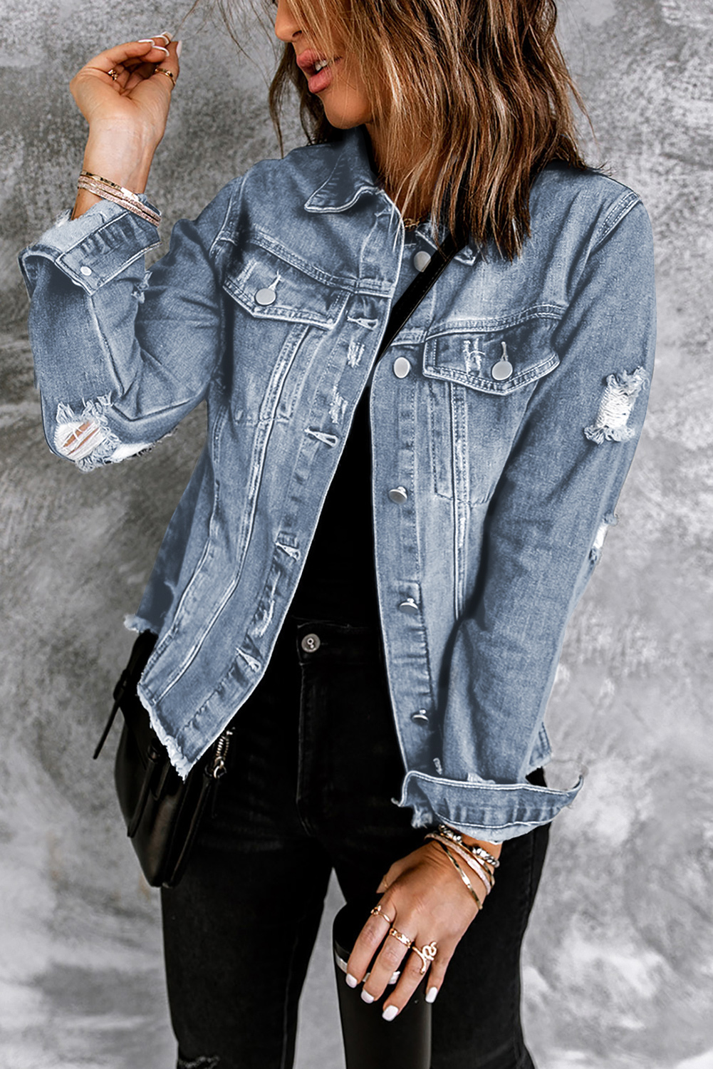 Sky Blue Lapel Distressed Raw Hem Buttons Denim Jacket - Image 4