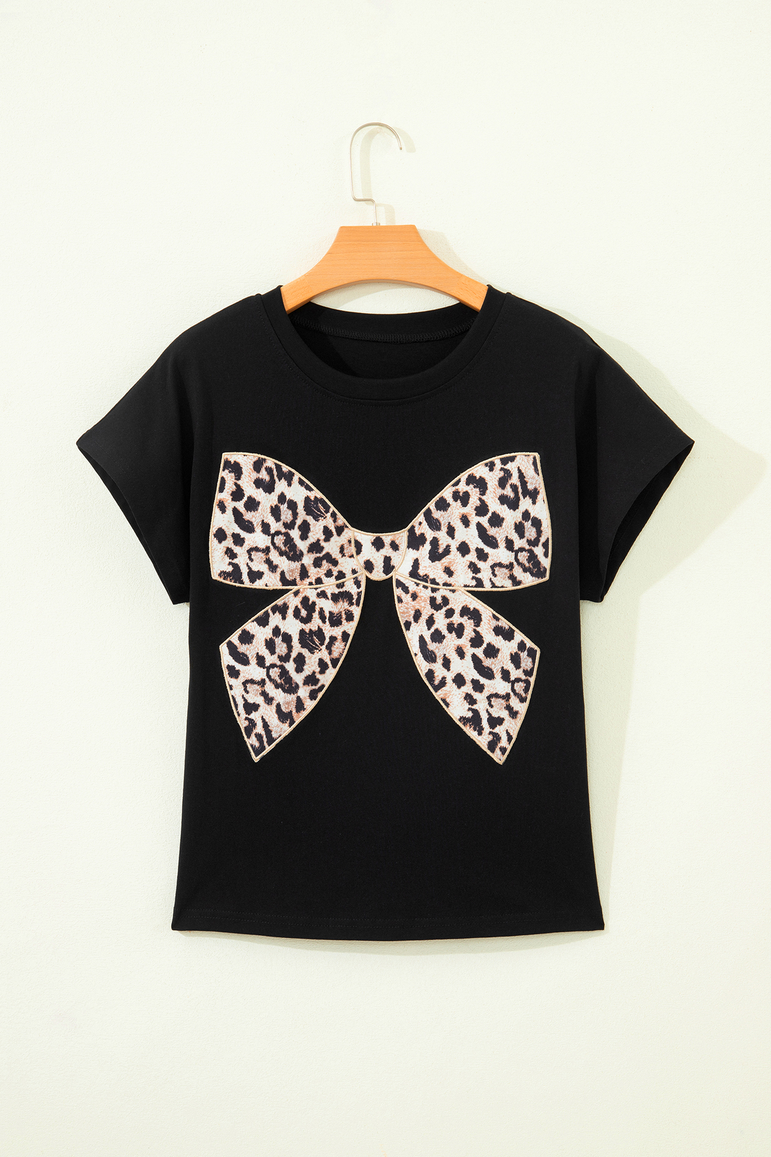 Black Leopard Bow Embroidered Cotton Round Neck T Shirt - Image 3