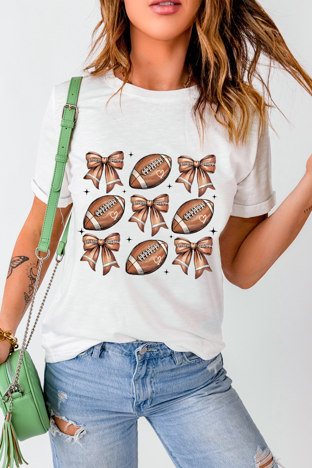 White Football Fashion Bow Print Cotton Blend T Shirt - Imagen 6