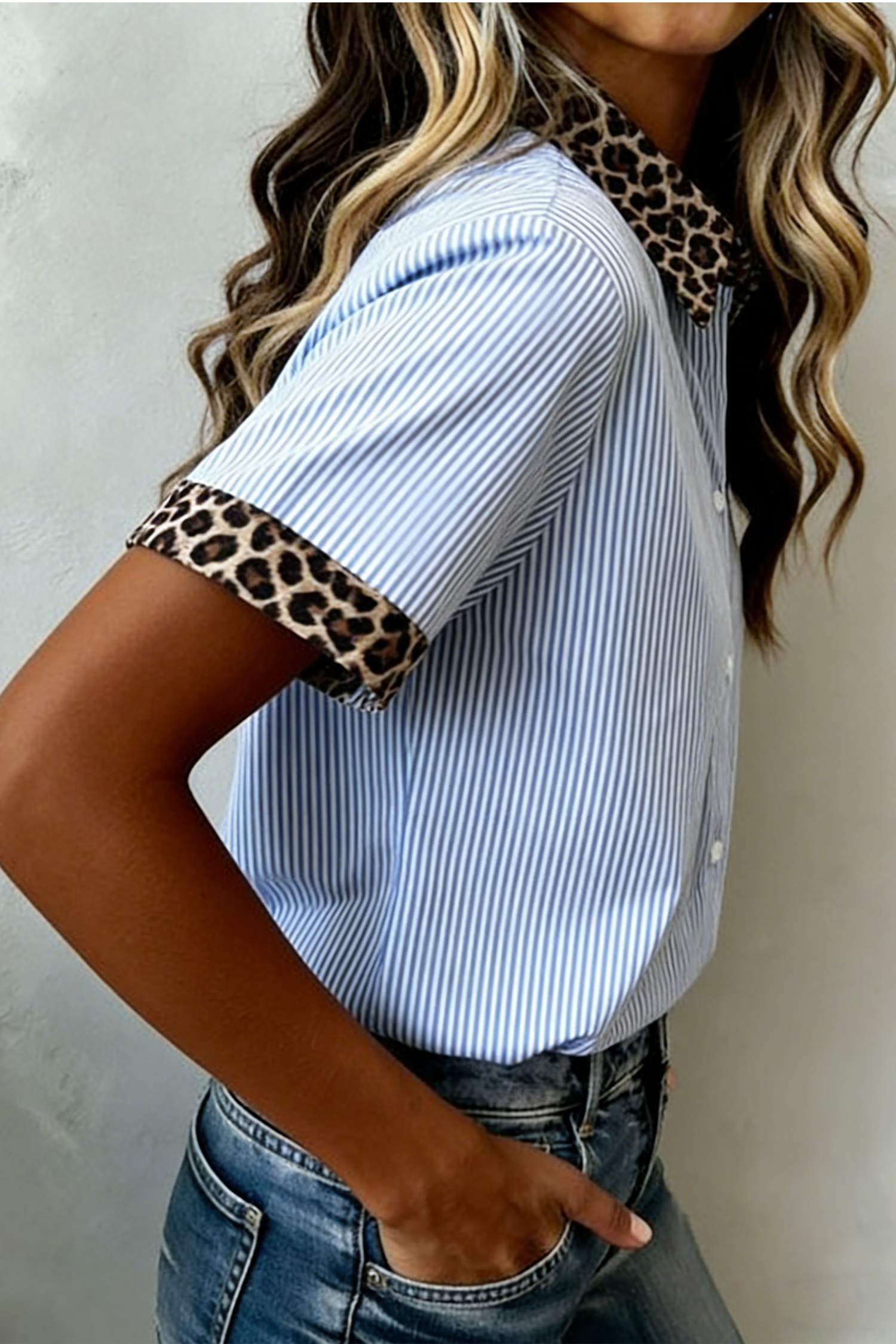 Sky Blue Stripe Leopard Contrast Collar Short Sleeve Shirt - Imagen 2