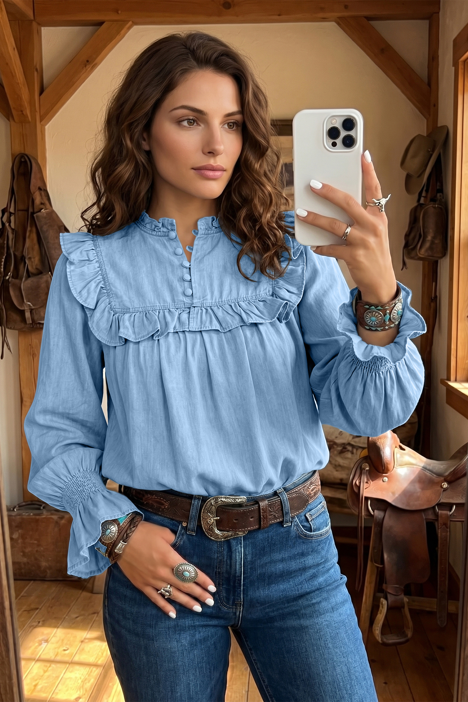 Beau Blue Western Ruffle V Neck Long Sleeve Chambray Blouse - Image 2