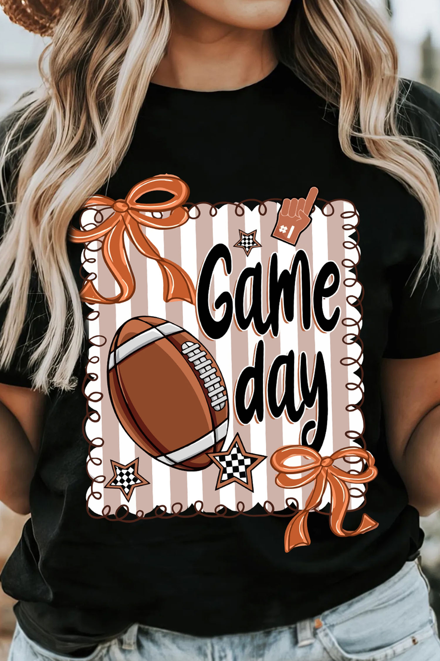 Black Casual Game Day Football Striped Tee - Imagen 2