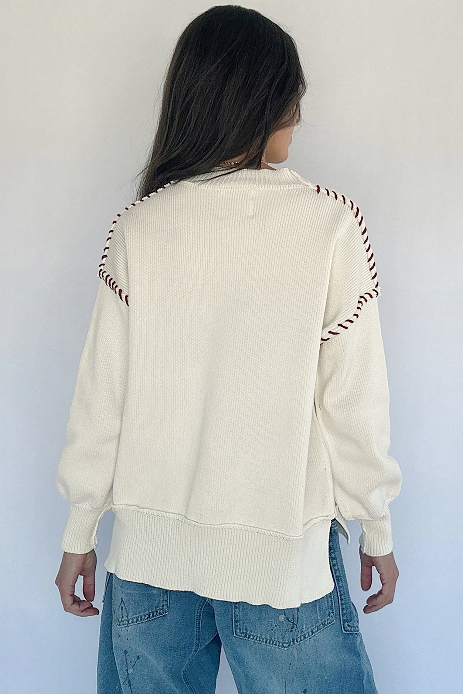 Beige Drop Shoulder Game Day Letter Print Pullover Sweater - Imagen 4