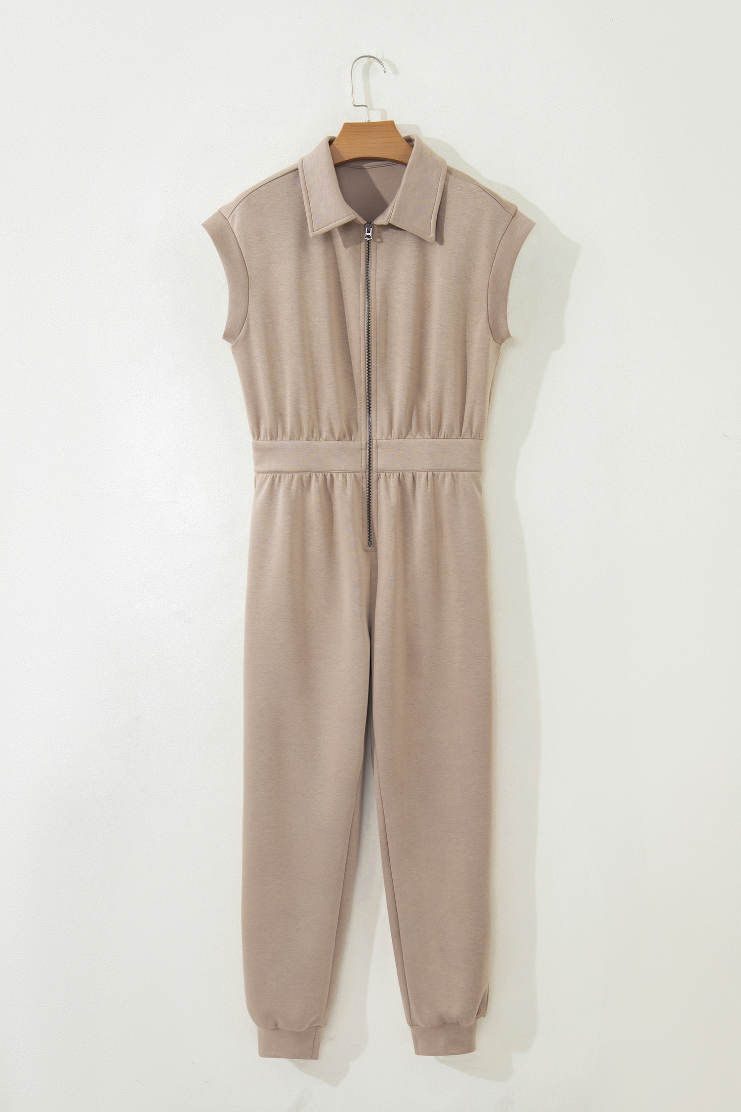 Dark Khaki Solid Color Zip Front Short Sleeve Collared Jumpsuit - Imagen 5