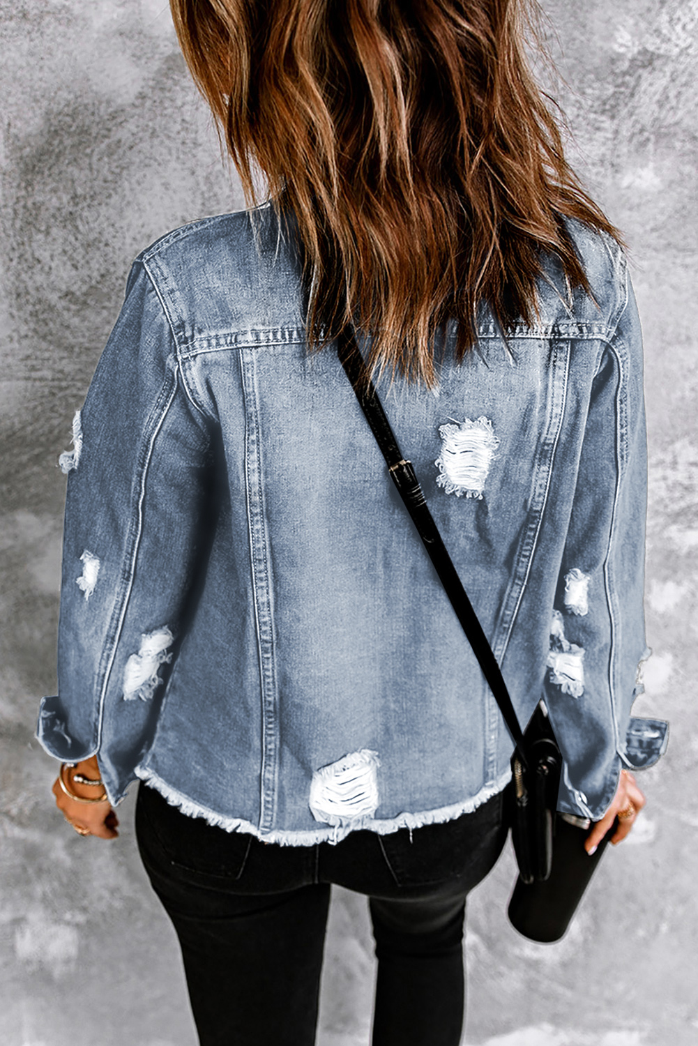Sky Blue Lapel Distressed Raw Hem Buttons Denim Jacket - Image 2