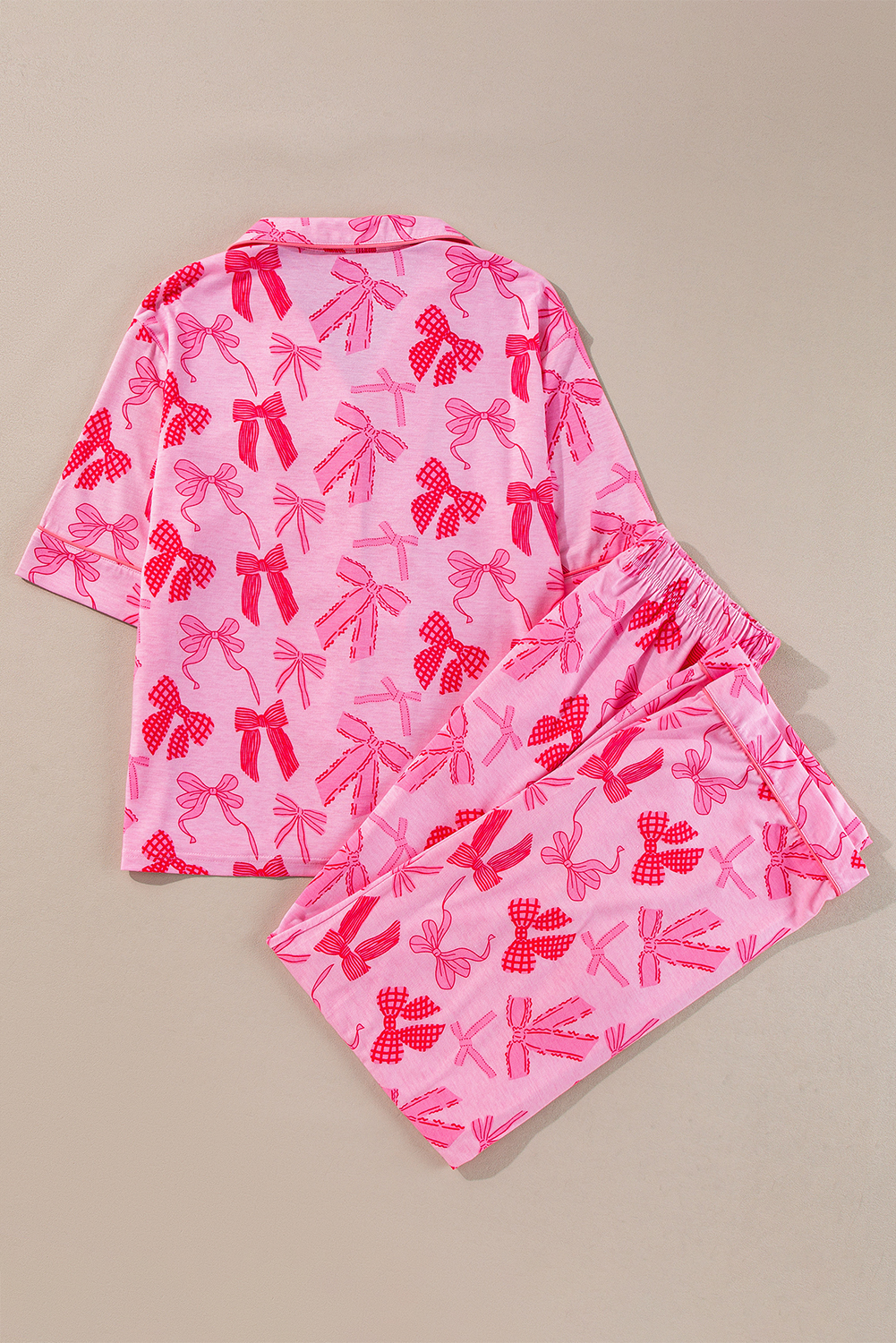 Pink Bow Knot Print Lapel Collar Short Sleeve and Pants Pajamas Set - Image 6