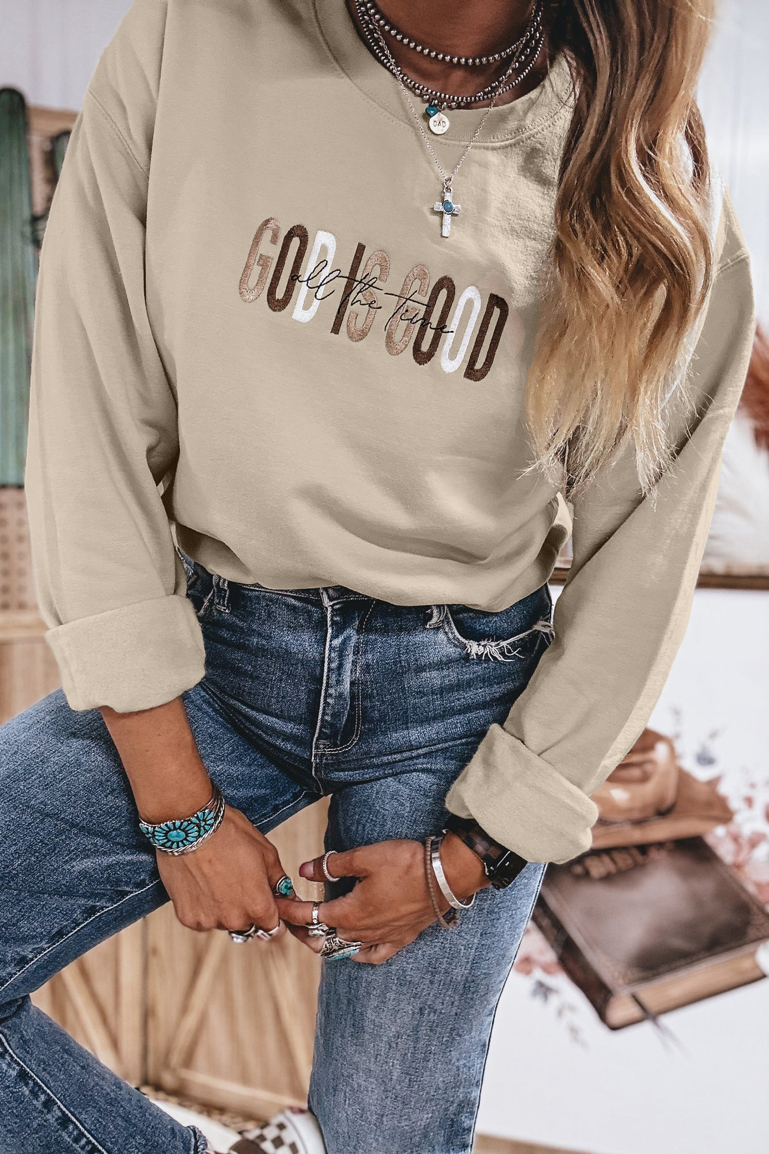 Jet Stream GOD IS GOOD Western Embroidered Letter Crewneck Pullover Sweatshirt - Image 5