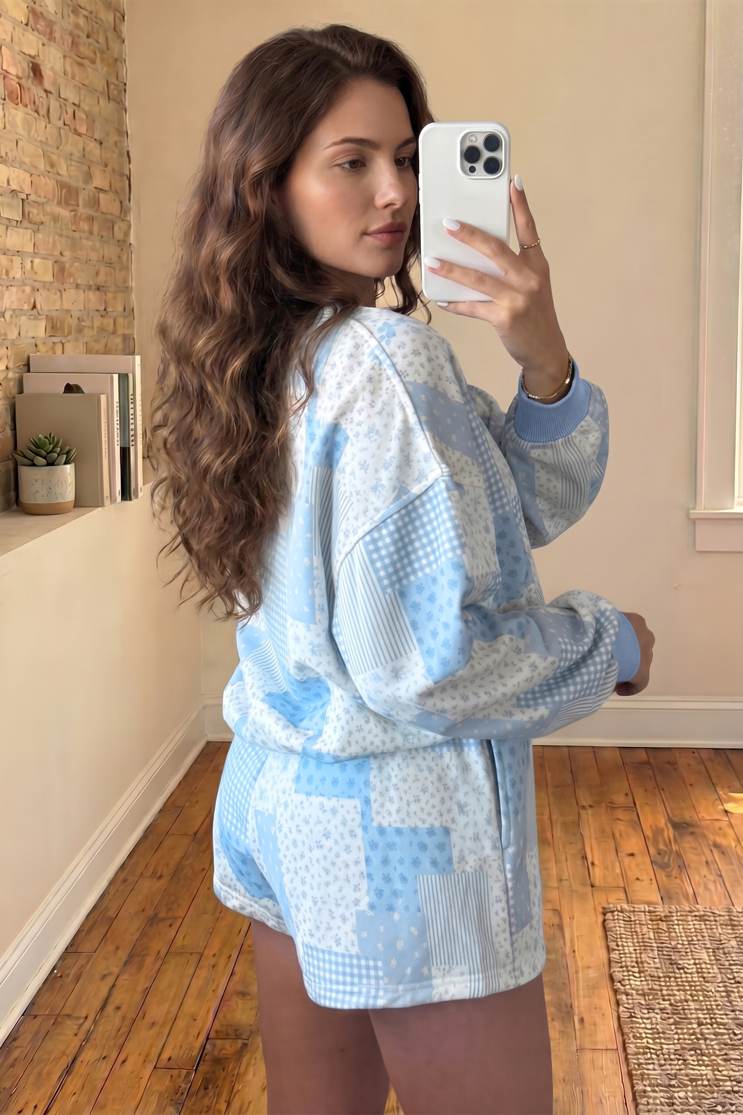 Sky Blue Patchwork Floral Print Drop Shoulder Baggy Pullover Drawstring Shorts Set - Image 2