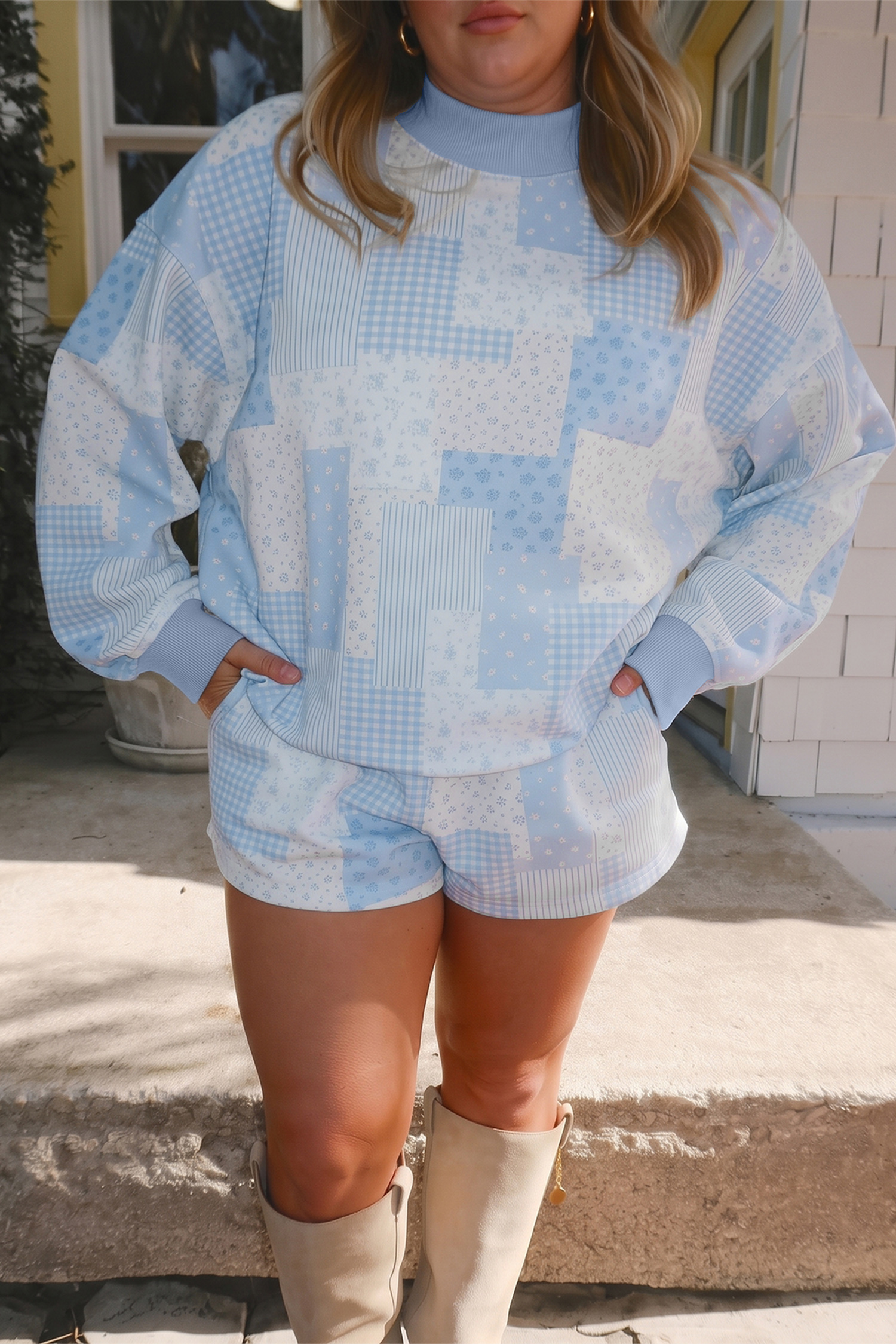 Sky Blue Patchwork Floral Print Stand Neck Long Sleeve Two-piece Outfit Plus Size Set - Image 3