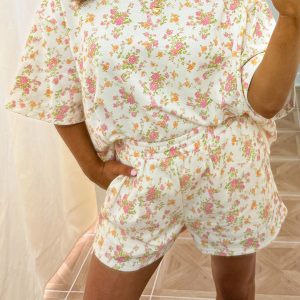 Pink Floral Print Short Sleeve Elastic Waist Pocket Two Piece Set