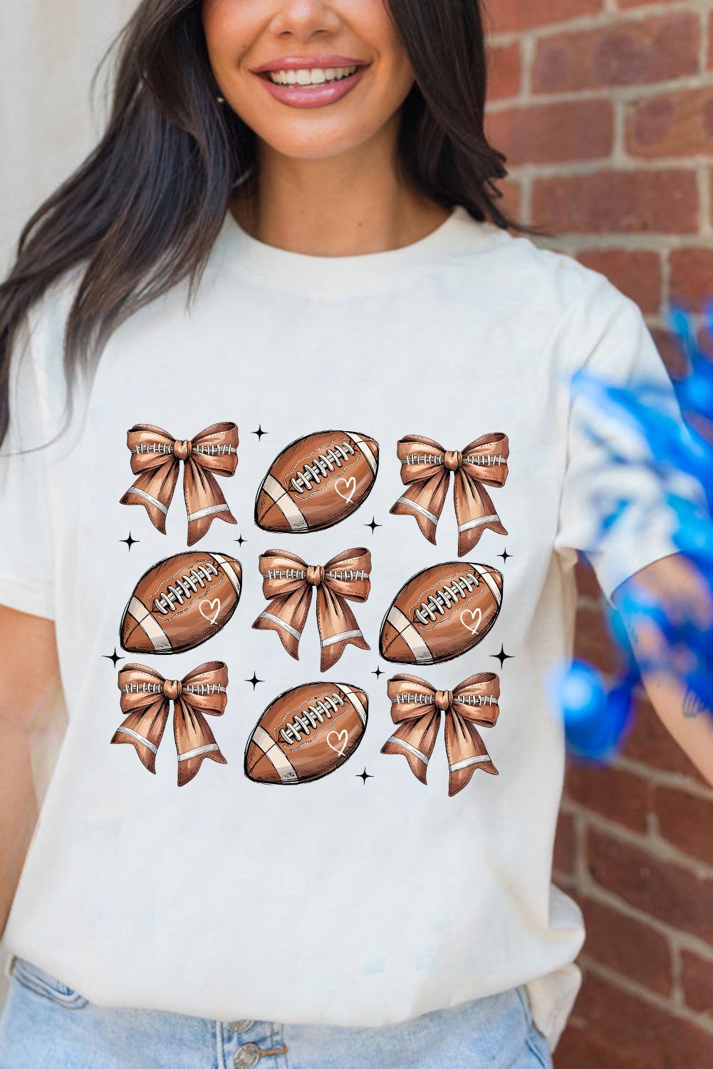 White Football Fashion Bow Print Cotton Blend T Shirt - Imagen 2