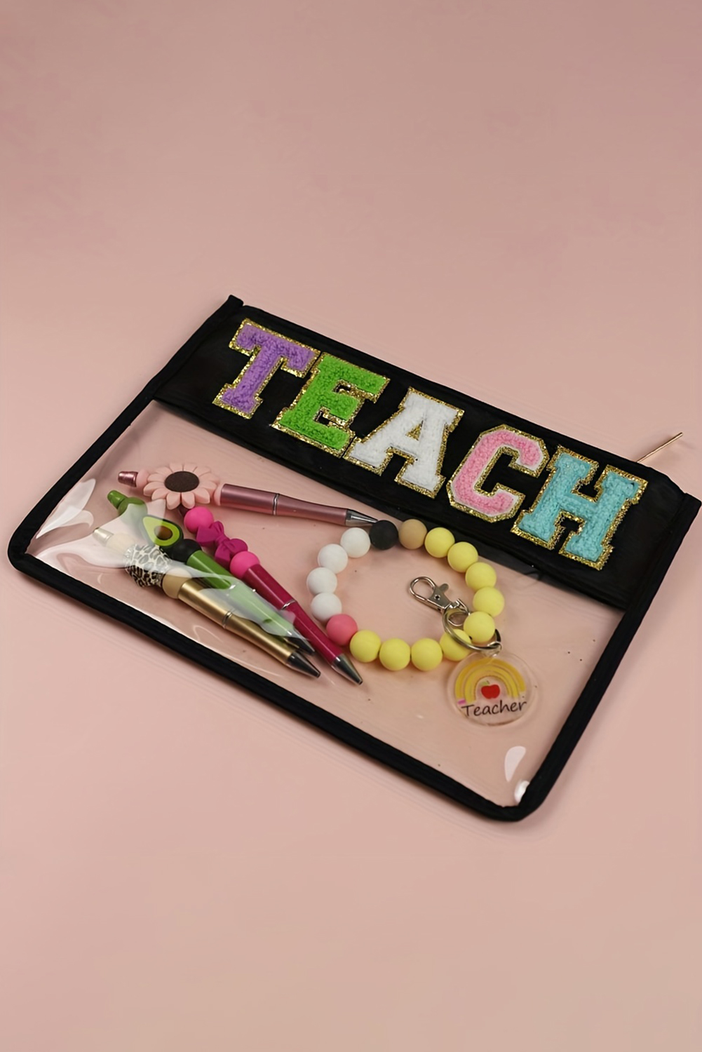 Black TEACH Glitter Chenille Clear PVC Makeup Bag - Image 5