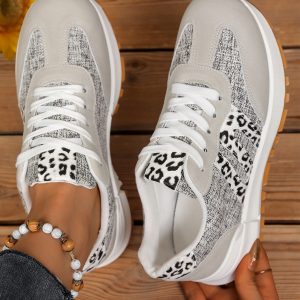 White Mix Texture Patchwork Leopard Detail Lace Up Sneakers