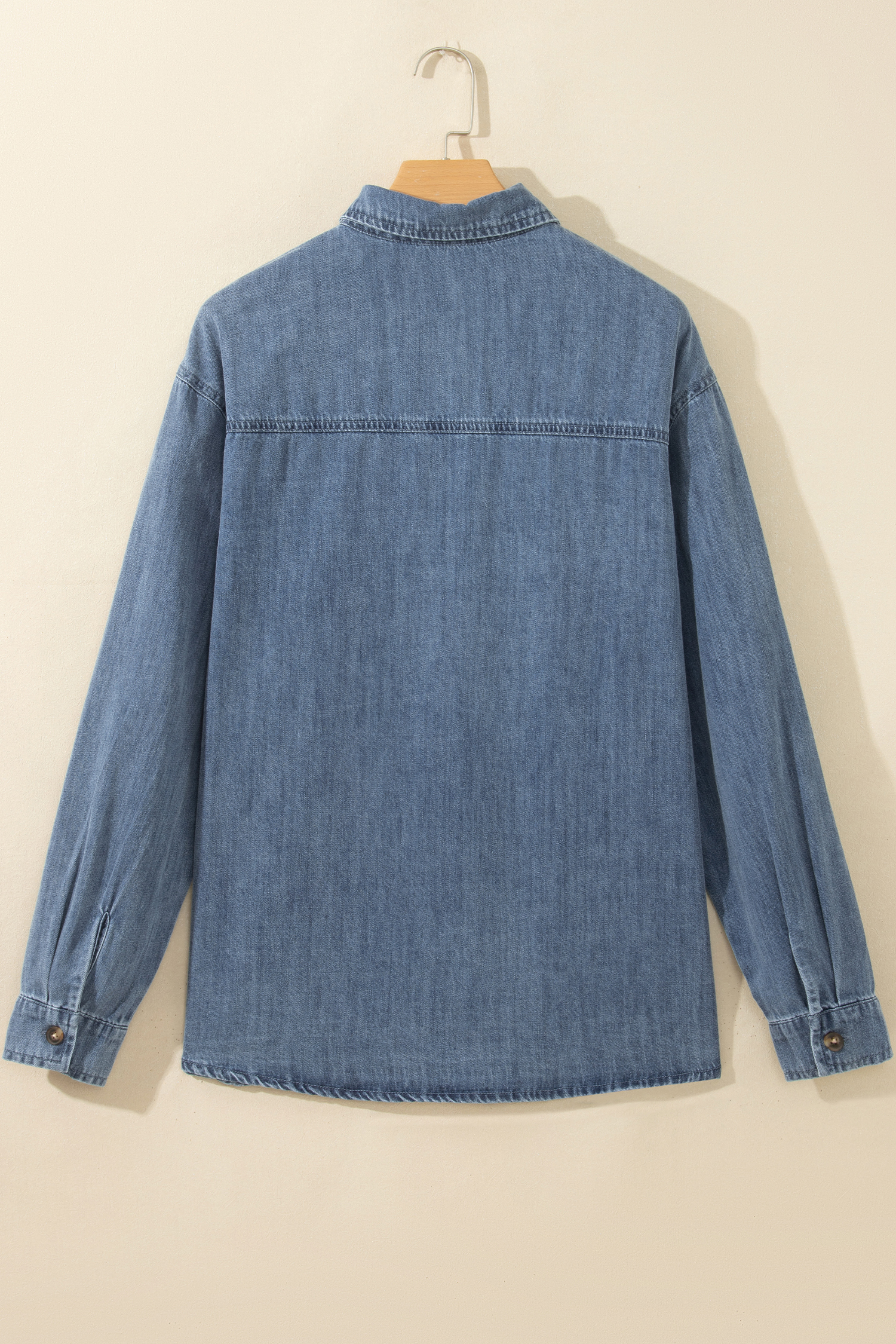 Sky Blue Color Block Pocket Detail Casual Button Down Denim Shirt - Image 7