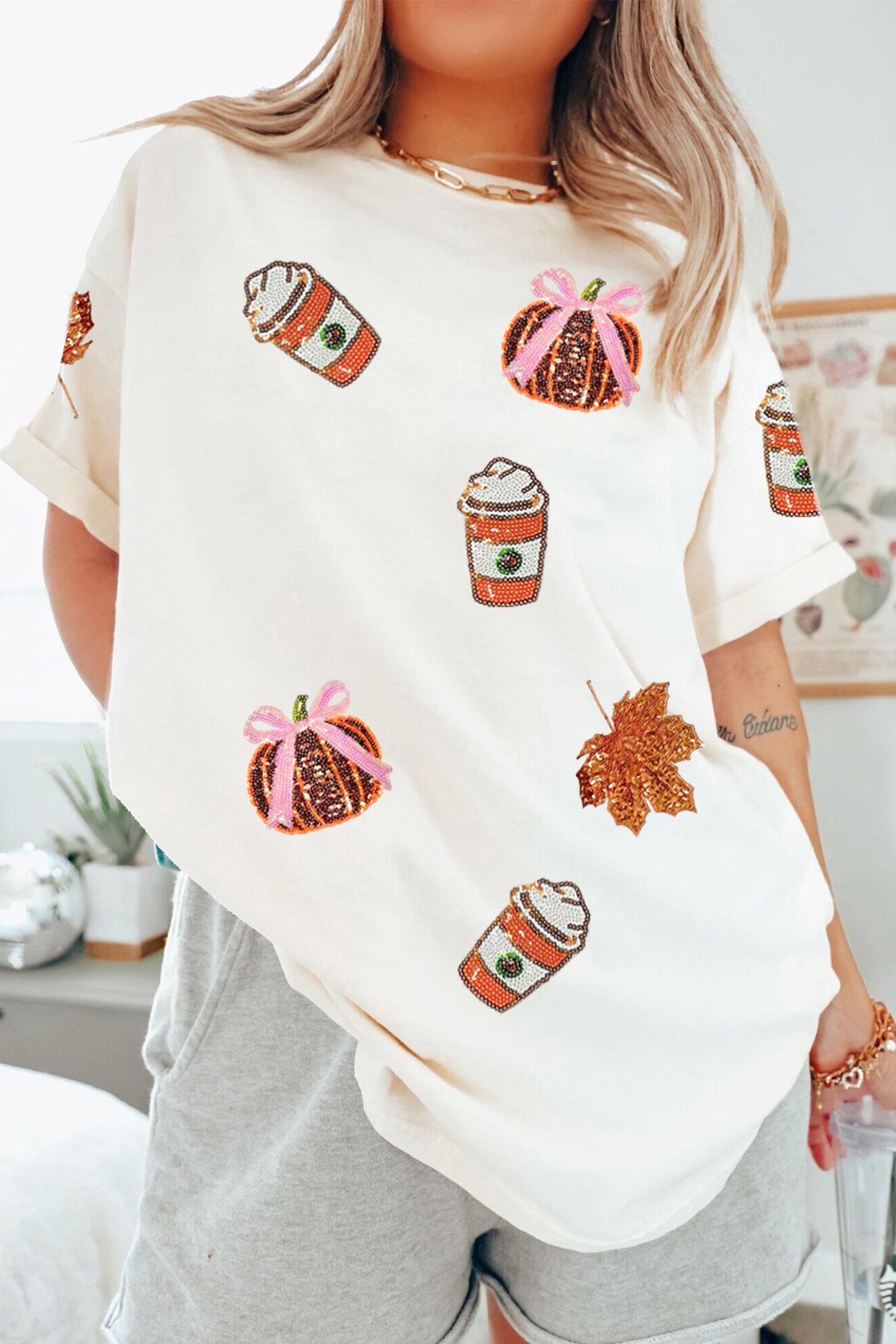 White Sequined Pumpkin Fall Graphic Casual Shift T Shirt - Image 2