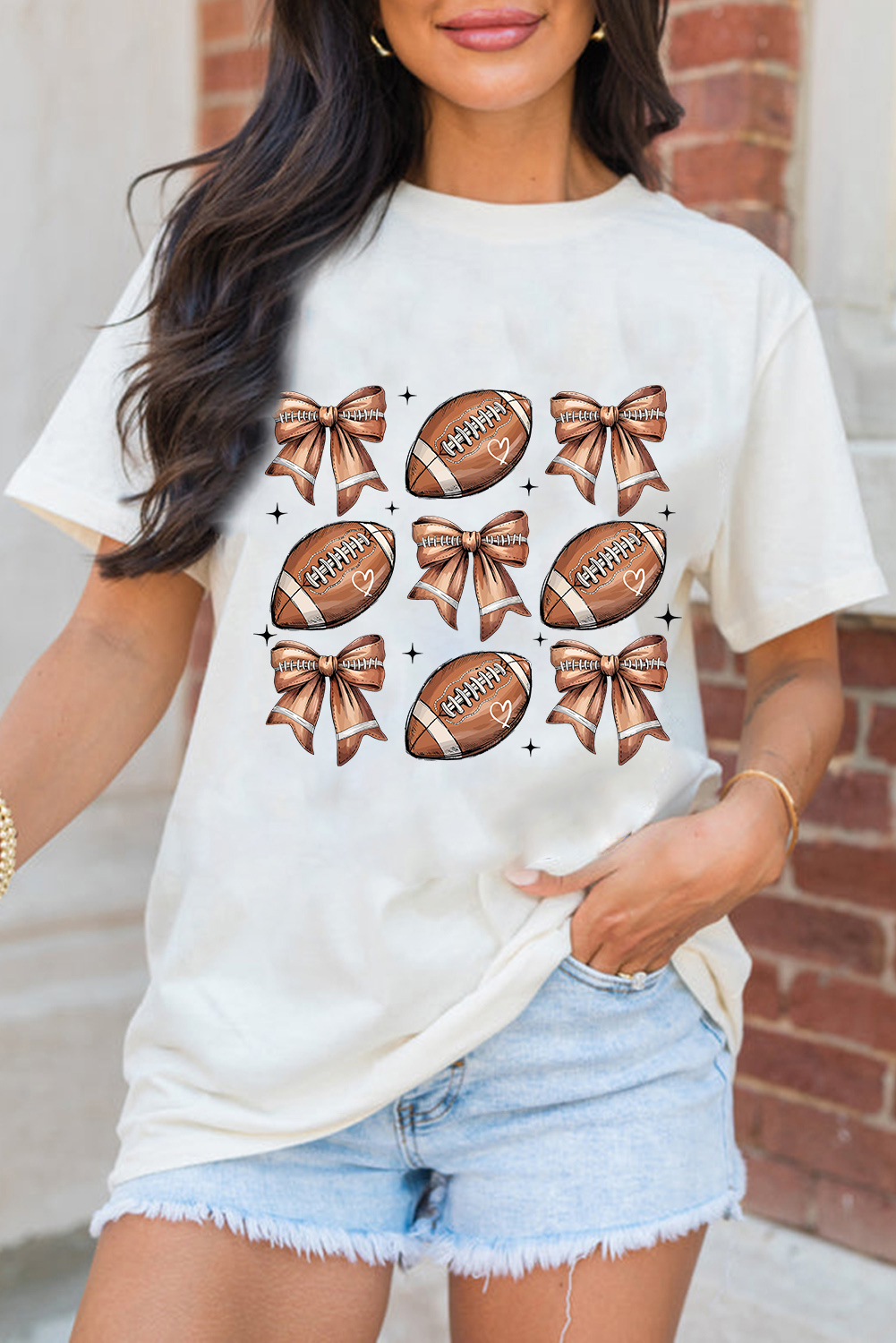 White Football Fashion Bow Print Cotton Blend T Shirt - Imagen 3
