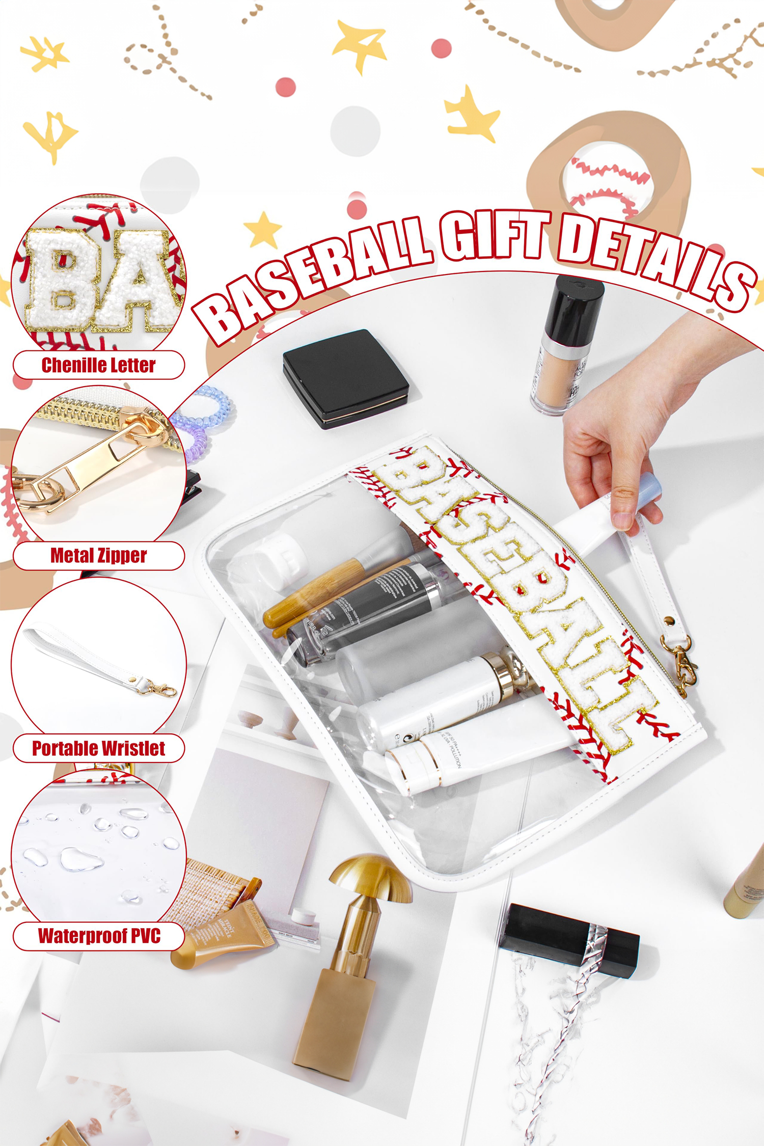 Brown BASEBALL Chenille Letter Patch Game Day Stadium Clear PVC Cosmetic Bag - Image 9